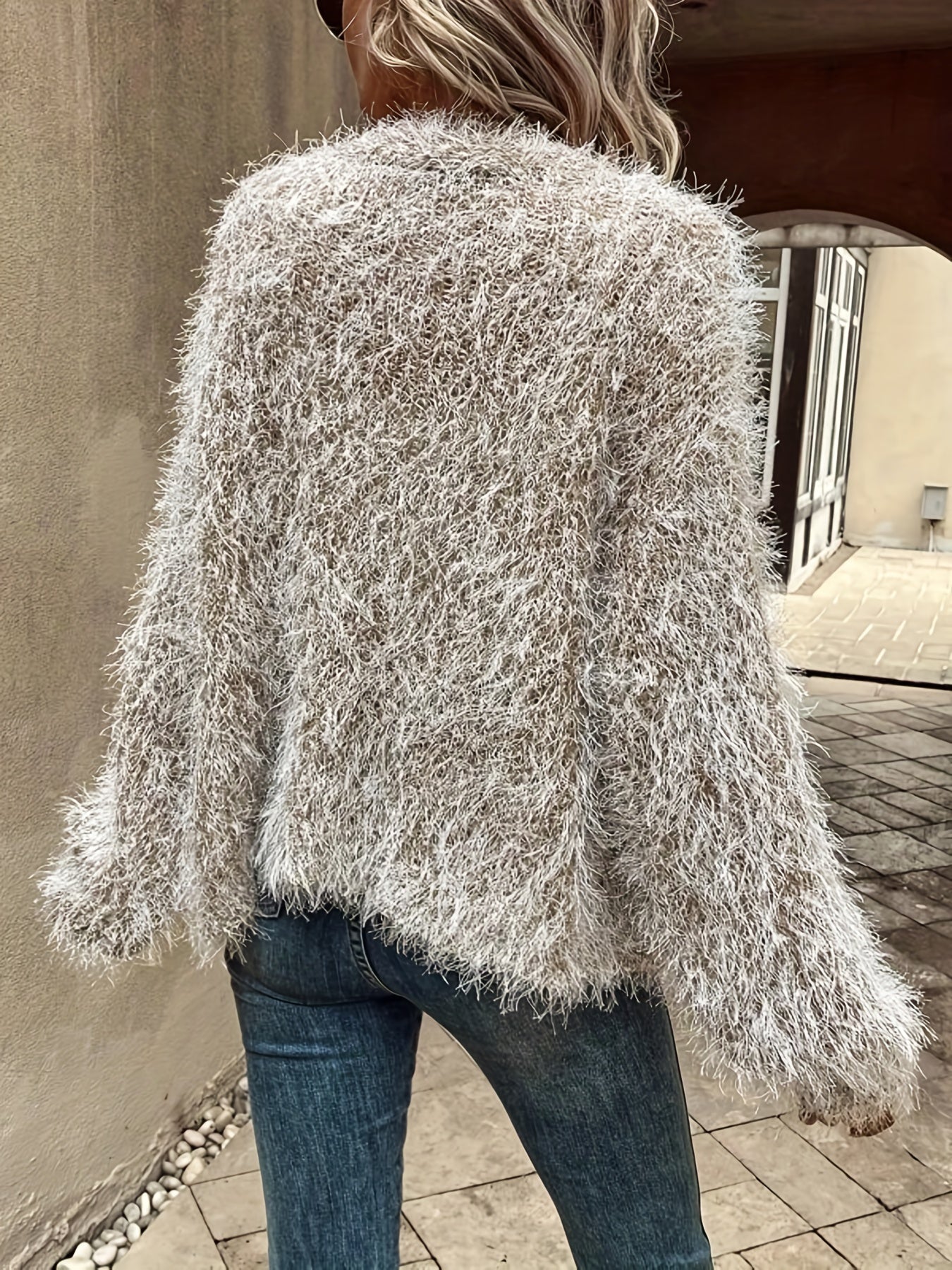 Antmvs Fuzzy Solid Knit Cardigan, Casual Open Front Long Sleeve Sweater, Women's Clothing