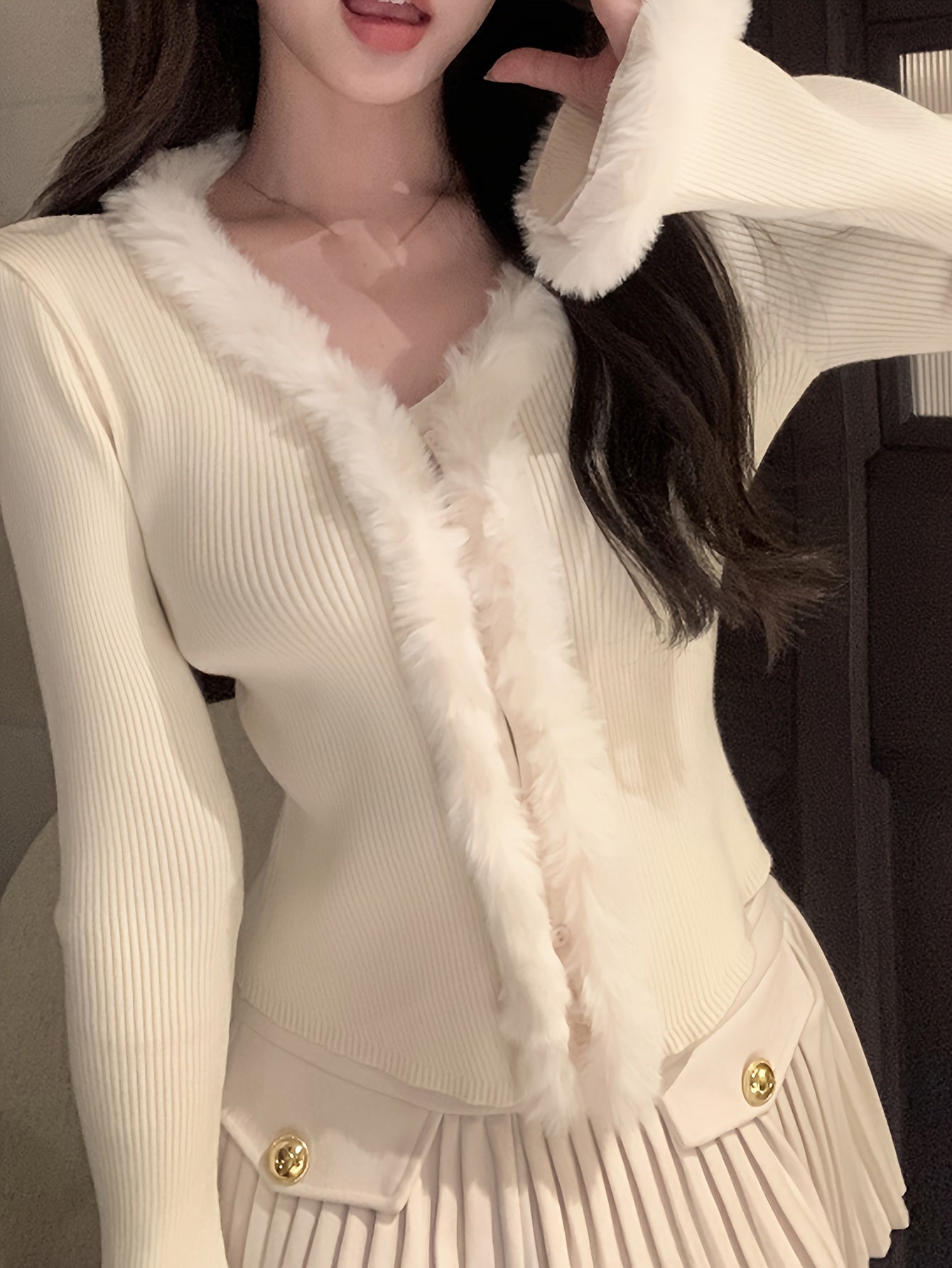 Antmvs Solid Faux Fur Decor V-neck Cardigan, Elegant Long Sleeve Slim Knit Cardigan For Fall & Winter, Women's Clothing