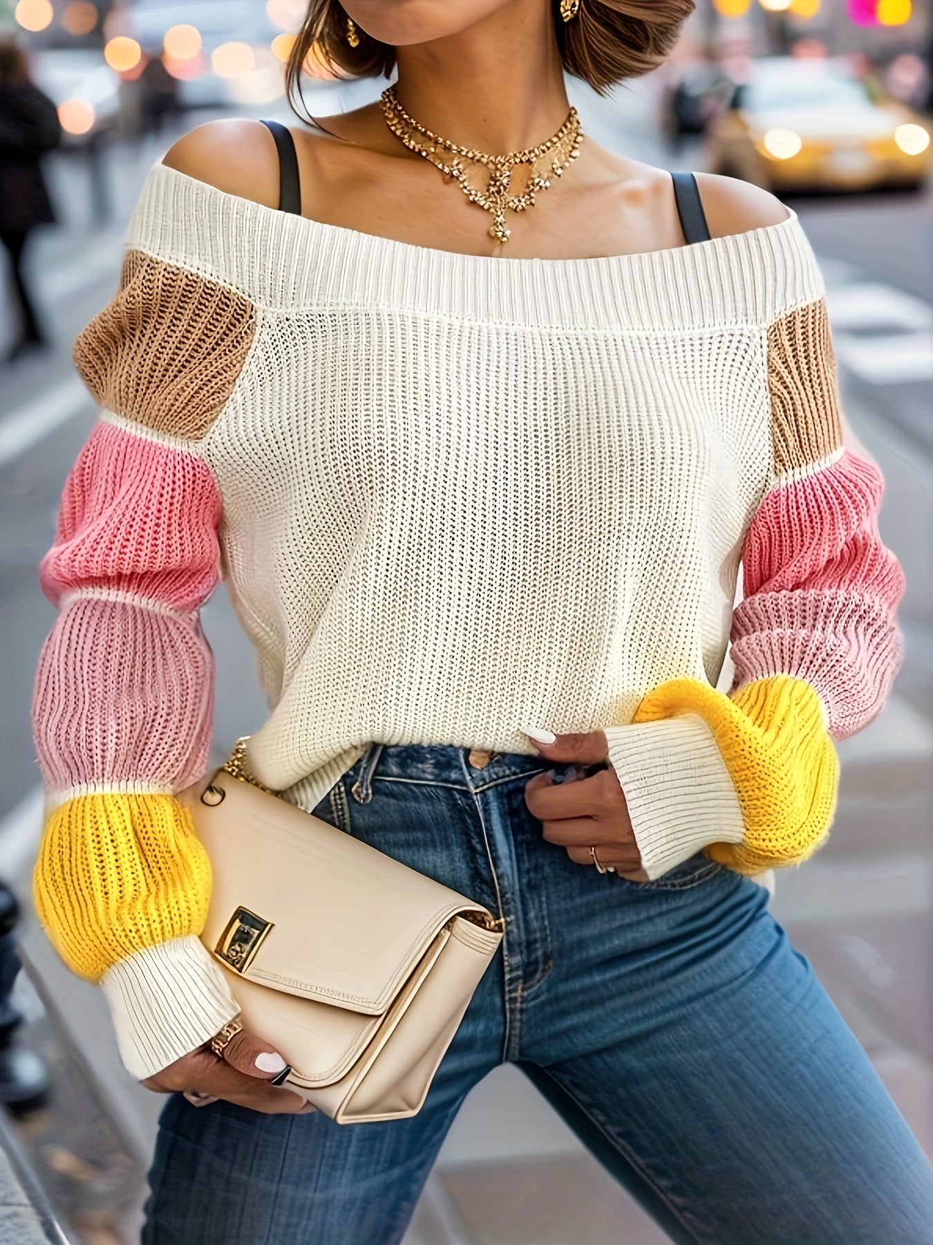 Antmvs Color Block Knit Sweater, Casual Off Shoulder Long Sleeve Pullover Sweater, Women's Clothing