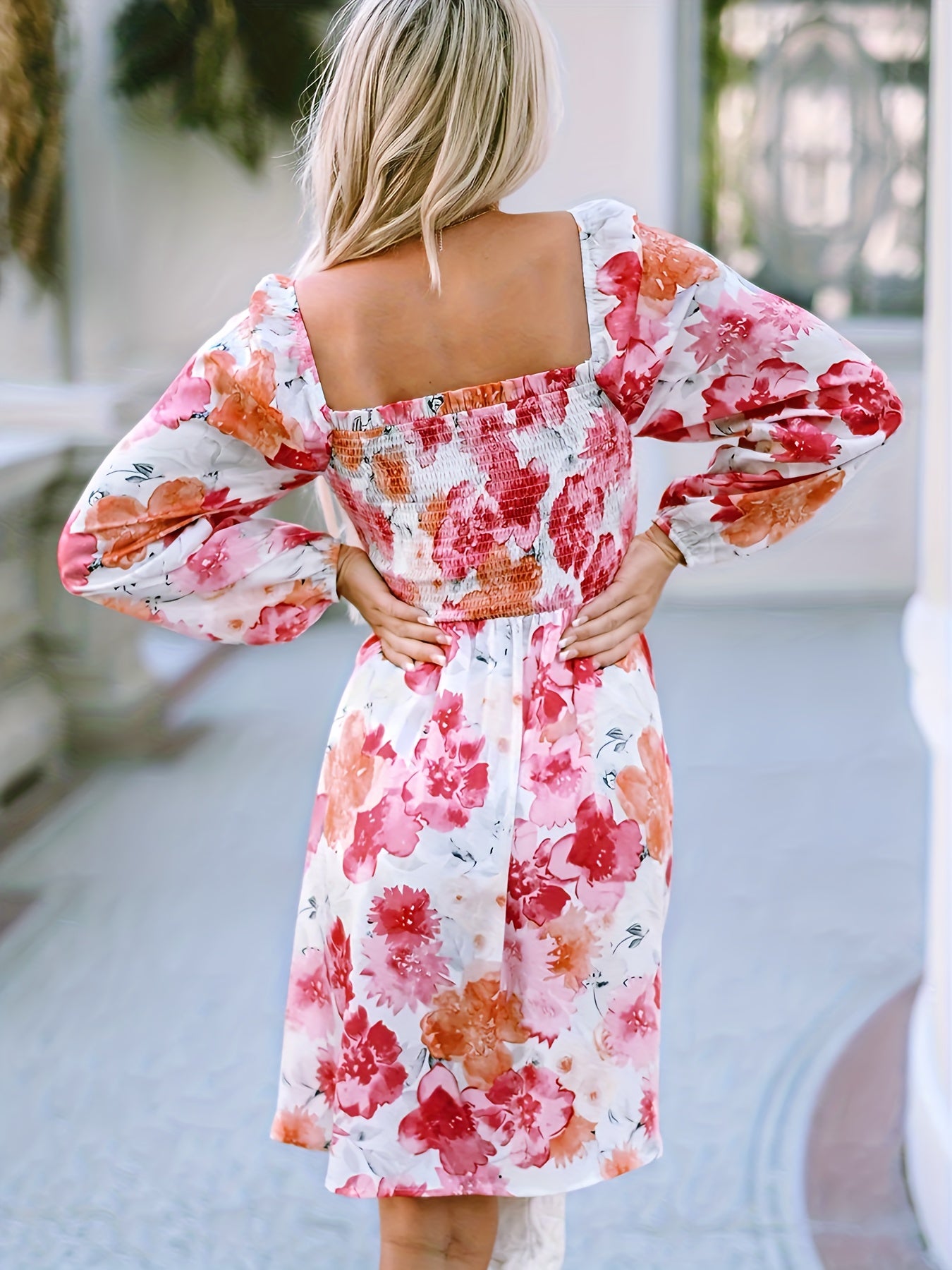 Antmvs Floral Print Shirred Dress, Elegant Long Sleeve Dress, Women's Clothing