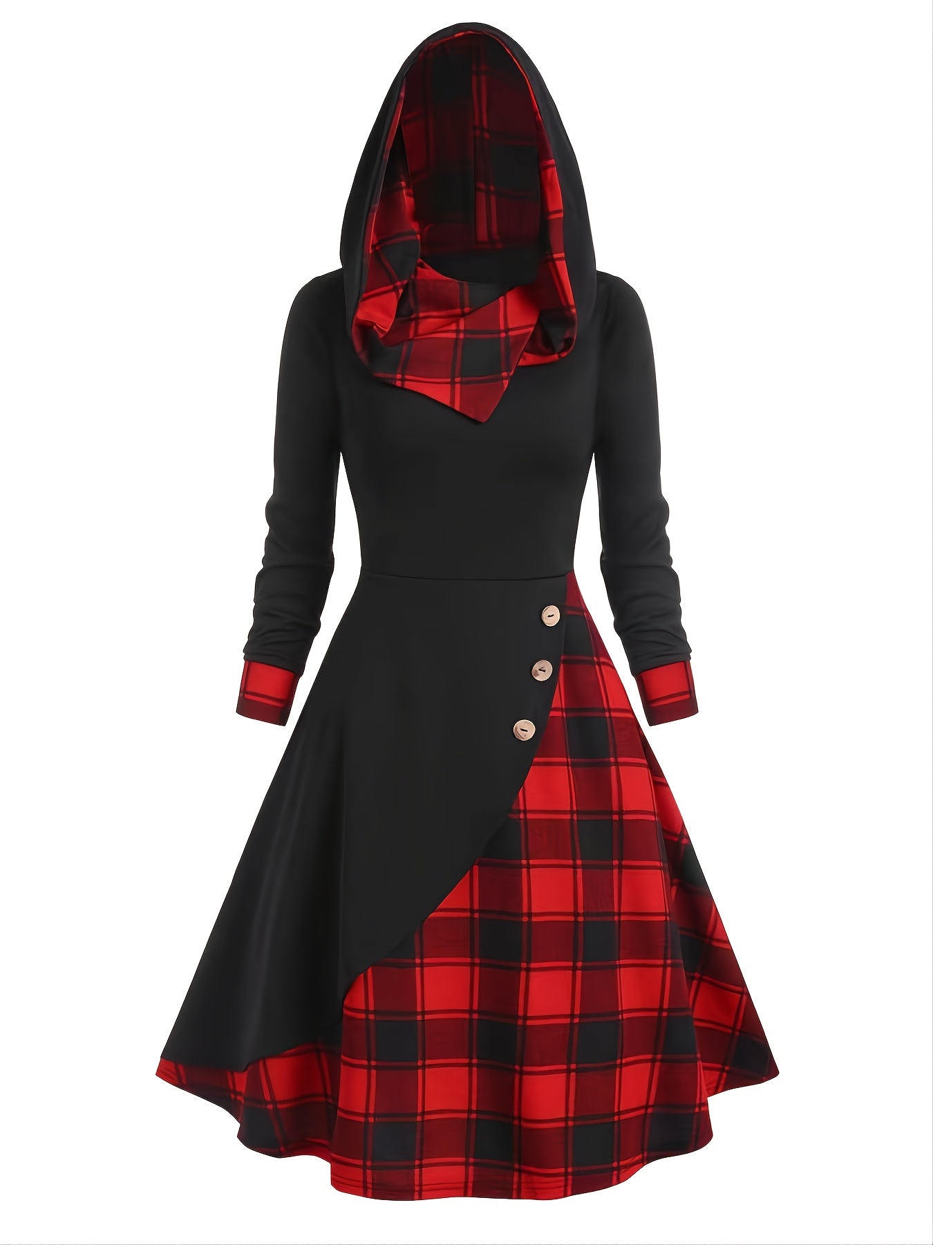 Antmvs Color Block Plaid Midi Dresses Sexy Nightclub Long Sleeve Hooded Cloak Hoodie Dress Victorian Pirate Millennial Frock