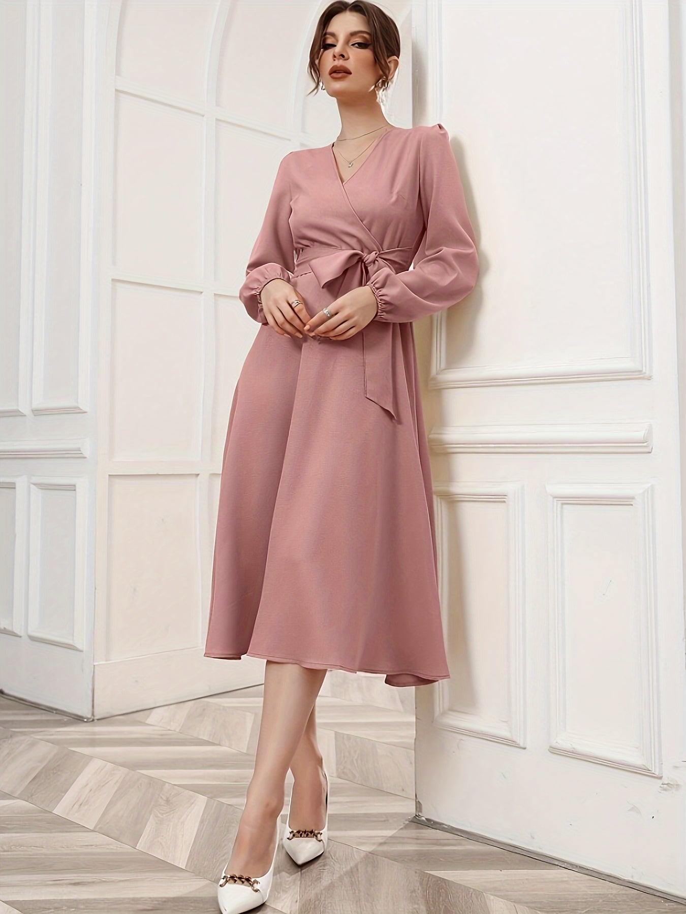 Antmvs Solid Surplice Neck Dress, Elegant Long Sleeve Belted Dress, Women's Clothing
