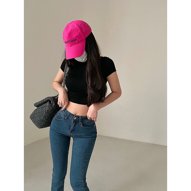 Antmvs Norma Solid Color Short Sleeve Turtleneck Slim Cropped Top