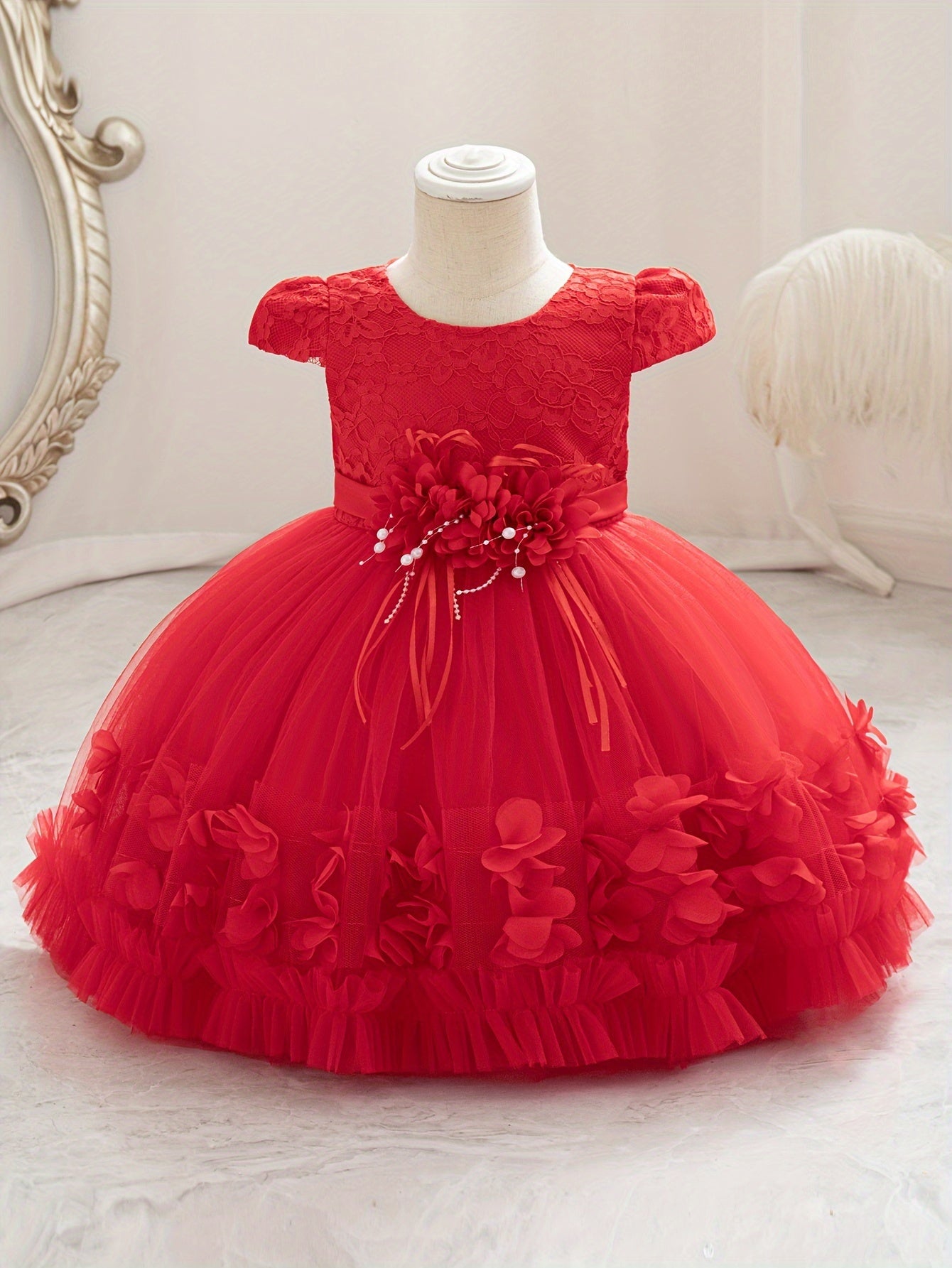 Toddlers Exquisite 3D Flower Applique Mesh Princess Dress - Crew Neck, Knee High, Half Sleeve, Ruffle Sleeve, Flared Hem, Polyester and Viscose Blend, Cotton Lined, Perfect for Formal Occasions, Birthday Parties, and Photography