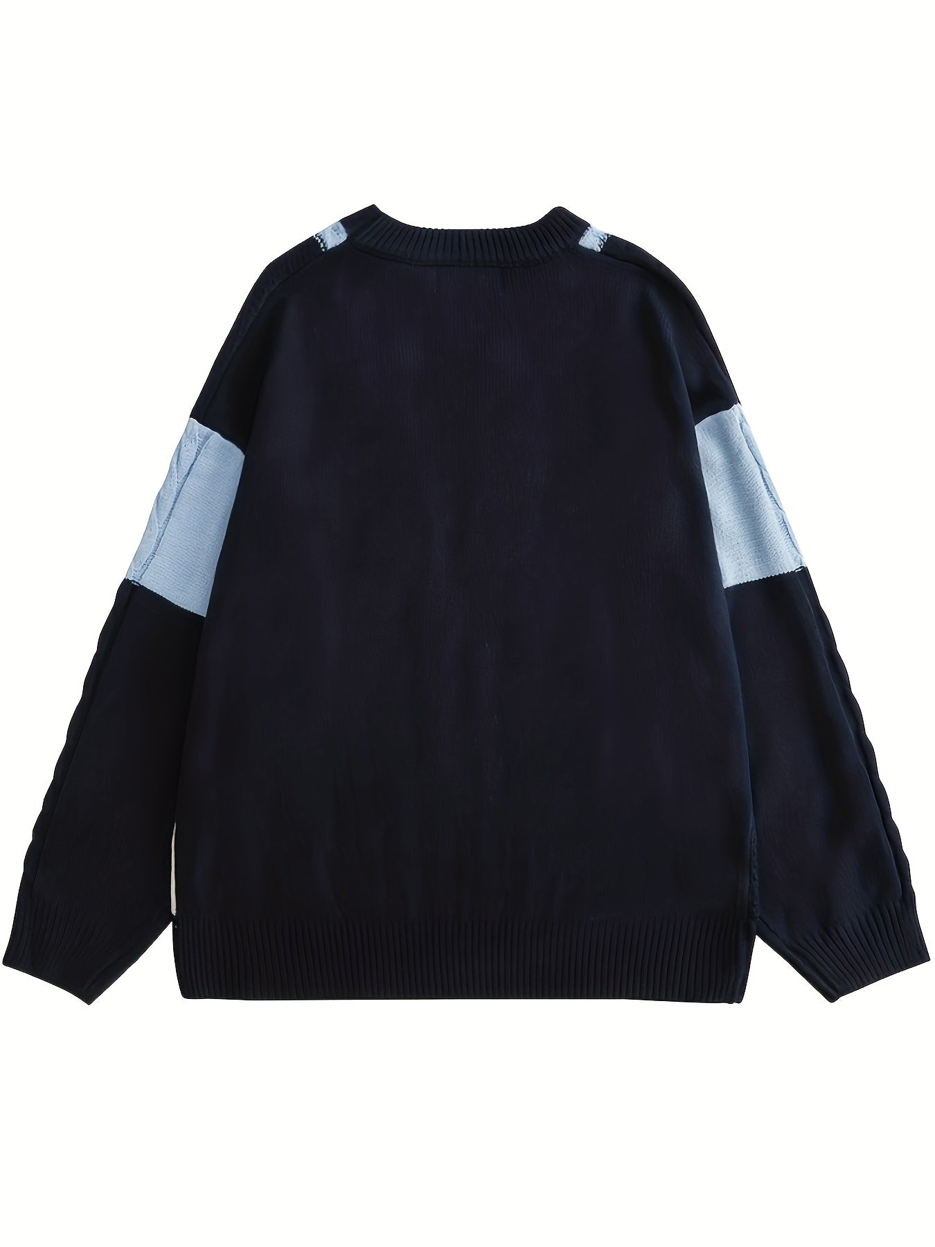 Antmvs Bear Embroidered Color Block Sweater, Preppy Long Sleeve Sweater For Fall & Winter, Women's Clothing