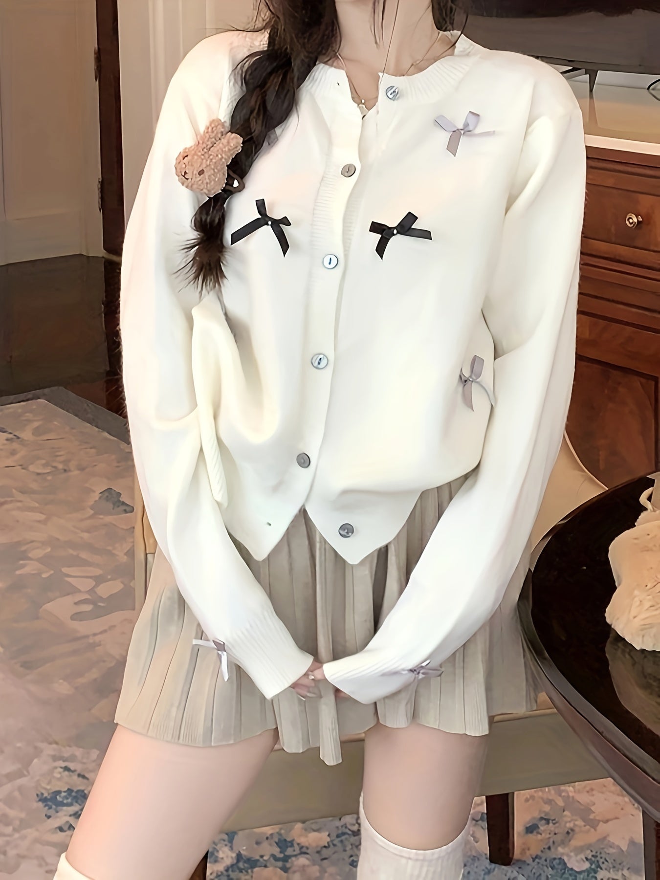 Antmvs Bow Decor Button Up Knit Cardigan, Casual Crew Neck Long Sleeve Sweater, Women's Clothing
