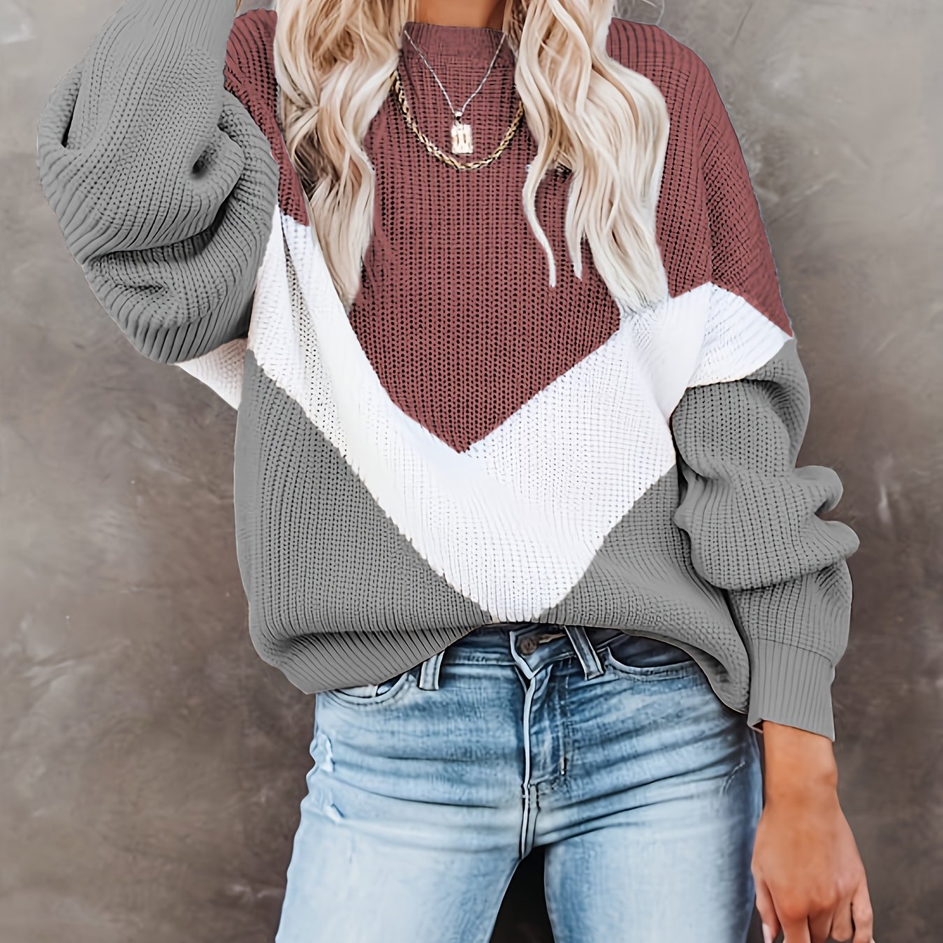 Antmvs Color Block Crew Neck Pullover Sweater, Casual Long Sleeve Sweater For Fall & Winter, Women's Clothing