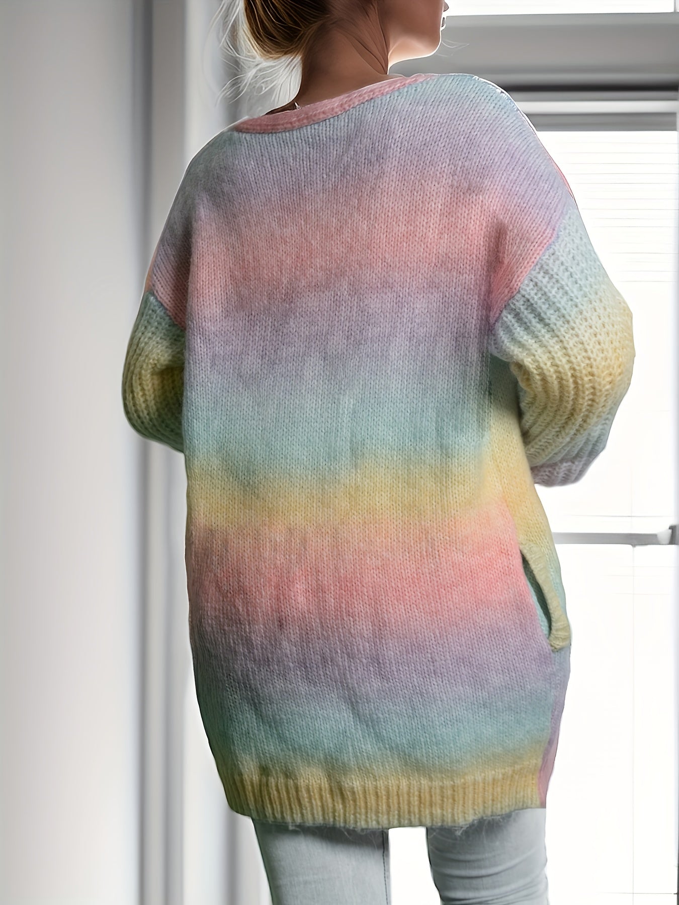 Antmvs Colorful Gradient Knit Cardigan, Casual Open Front Long Sleeve Sweater, Women's Clothing