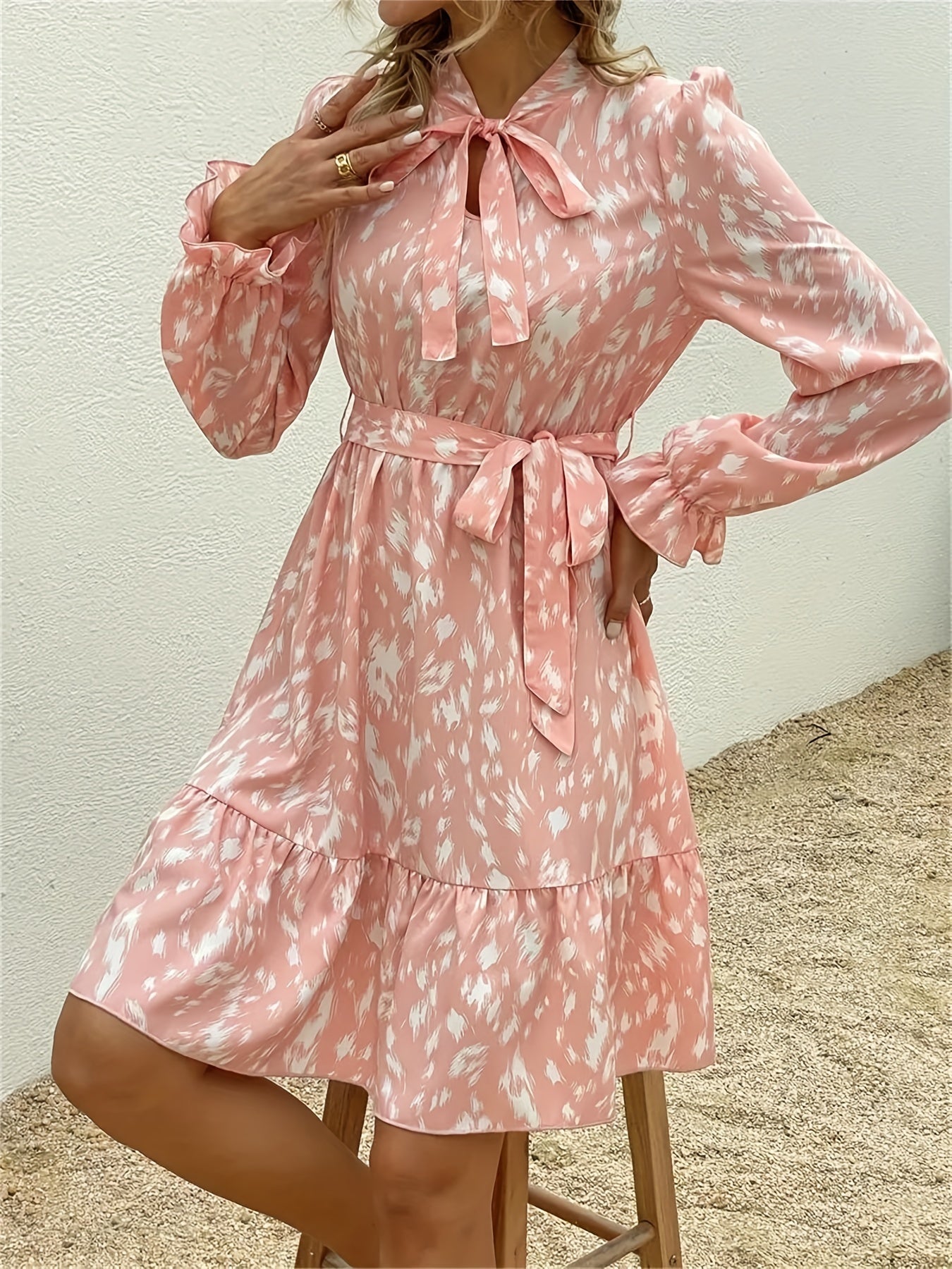 Antmvs Allover Print Tie Neck Dress, Boho Long Sleeve Ruffle Trim Dress, Women's Clothing
