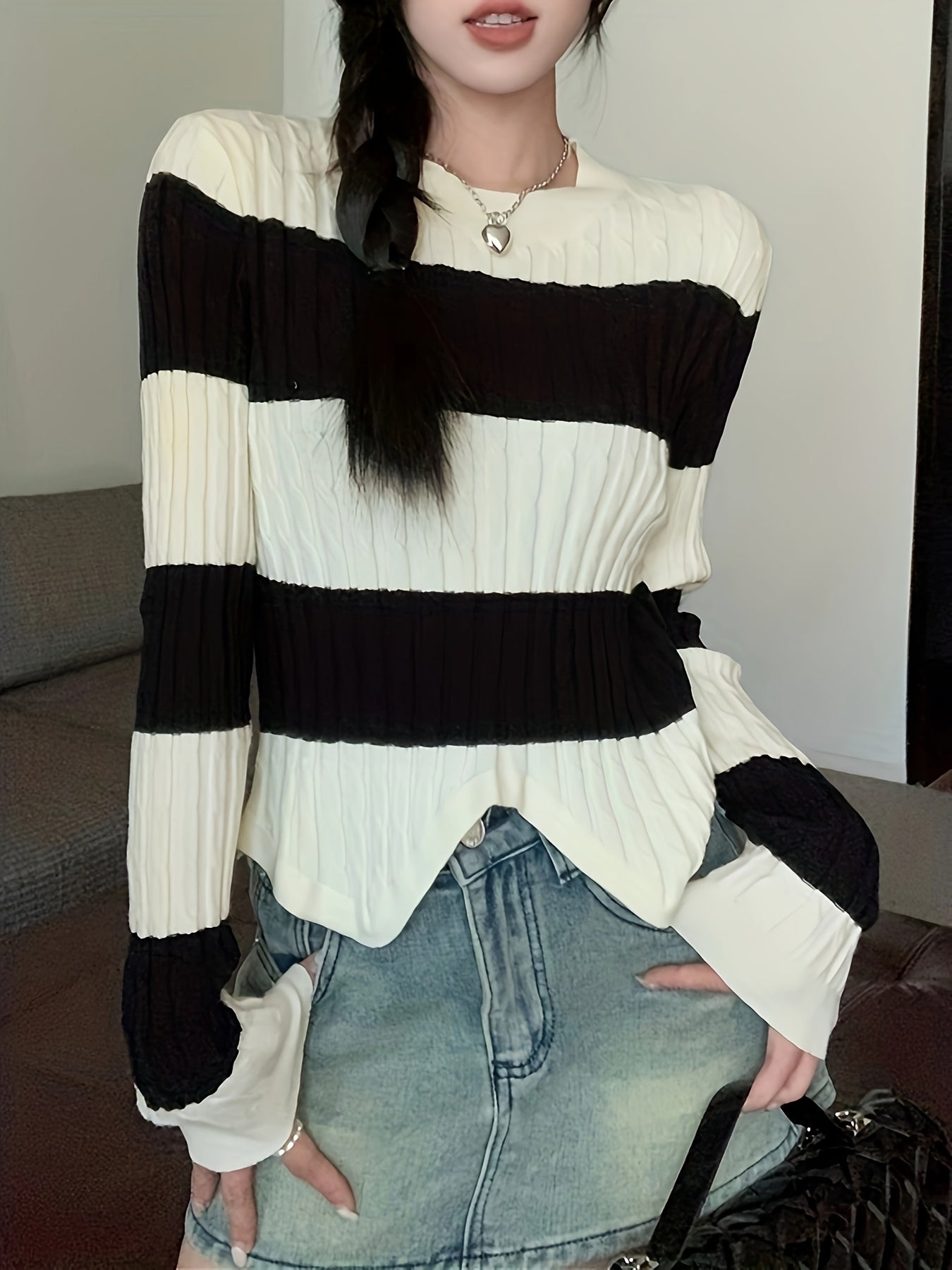 Antmvs Striped Print Crew Neck Sweater, Casual Long Sleeve Split Hem Sweater For Fall & Winter, Women's Clothing