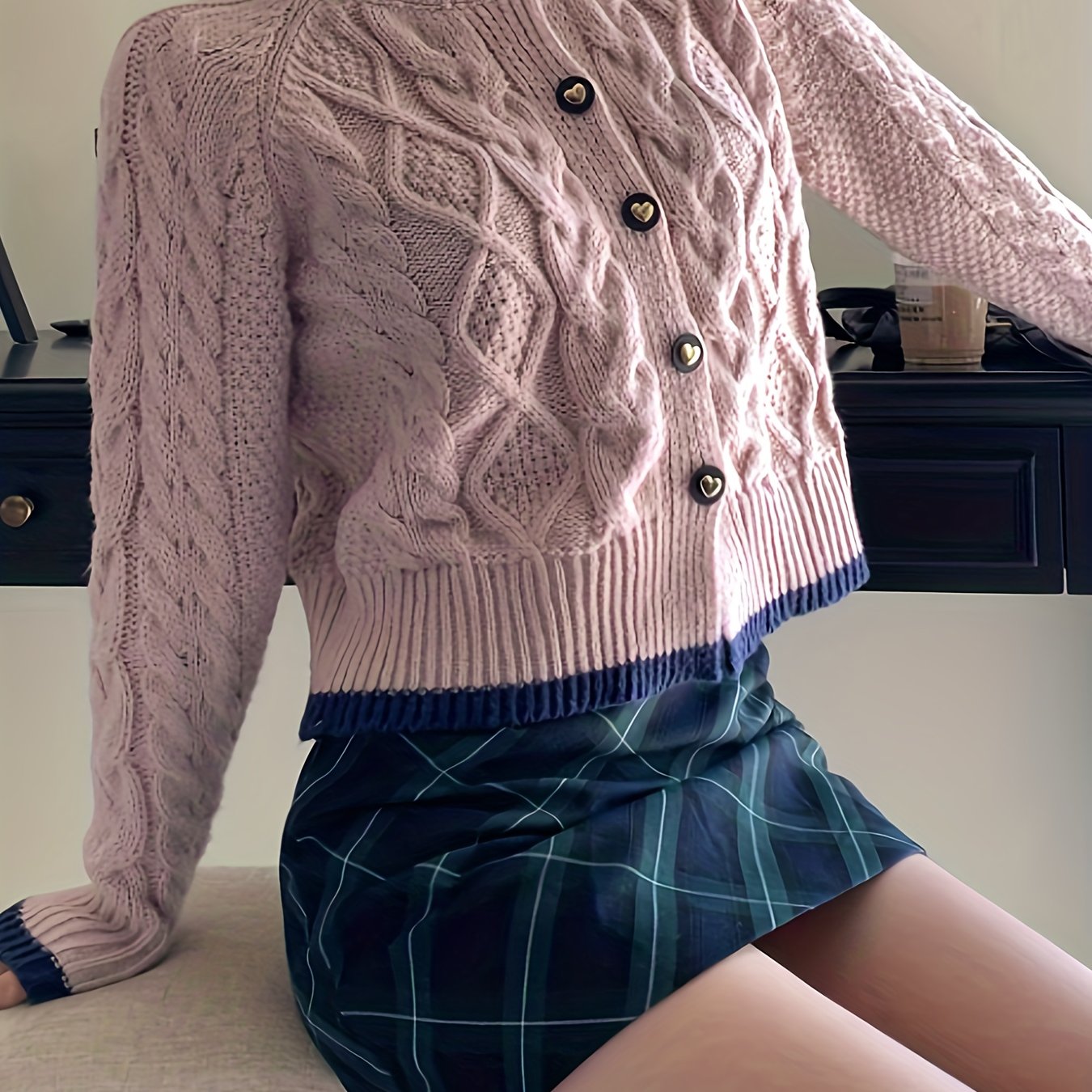 Antmvs Contrast Trim Button Up Cable Knit Cardigan, Casual Long Sleeve Sweater Outwear, Women's Clothing