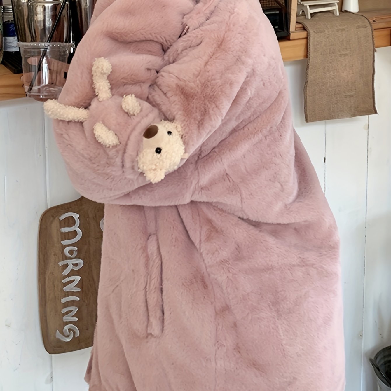 Antmvs Teddy Decor Zip Front Plush Coat, Long Sleeve Slant Pockets Outerwear For Fall & Winter, Women's Clothing