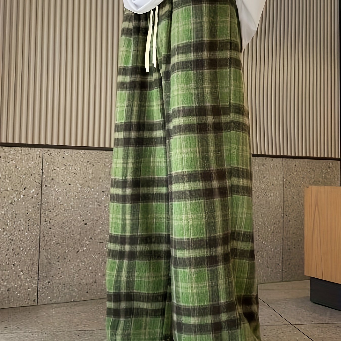 Antmvs Plaid Pattern Drawstring Pants, Vintage Wide Leg Pants For Spring & Fall, Women's Clothing