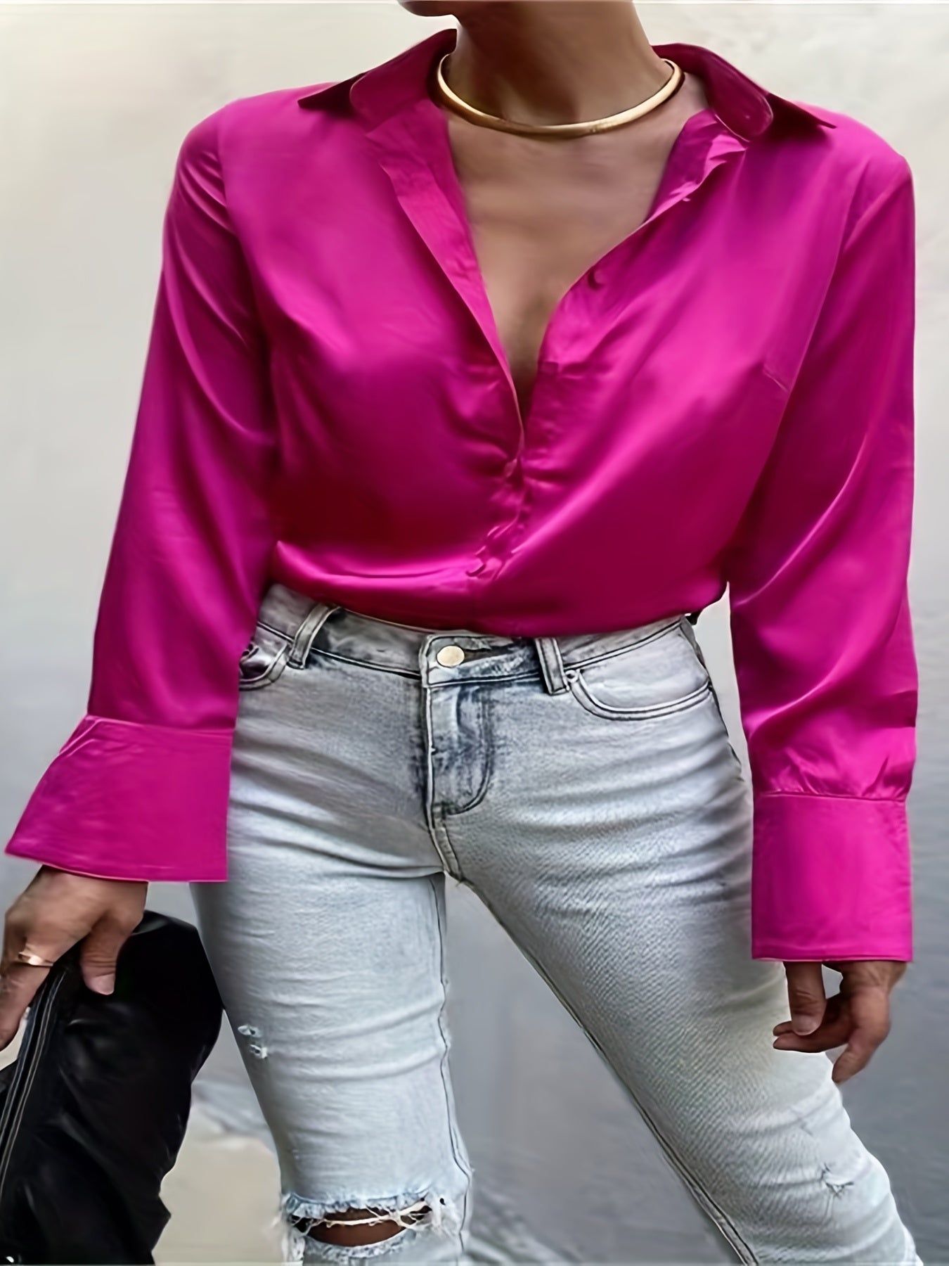 Antmvs Solid Button Front Shirt, Casual Satin Long Sleeve Collar Shirt, Women's Clothing