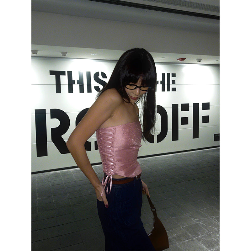 Antmvs Barbie Pink Shiny Pearlescent Fine Shewing Side Ties Irregular Pleated Sleeveless Bandeau Short Cropped Lace Up Top