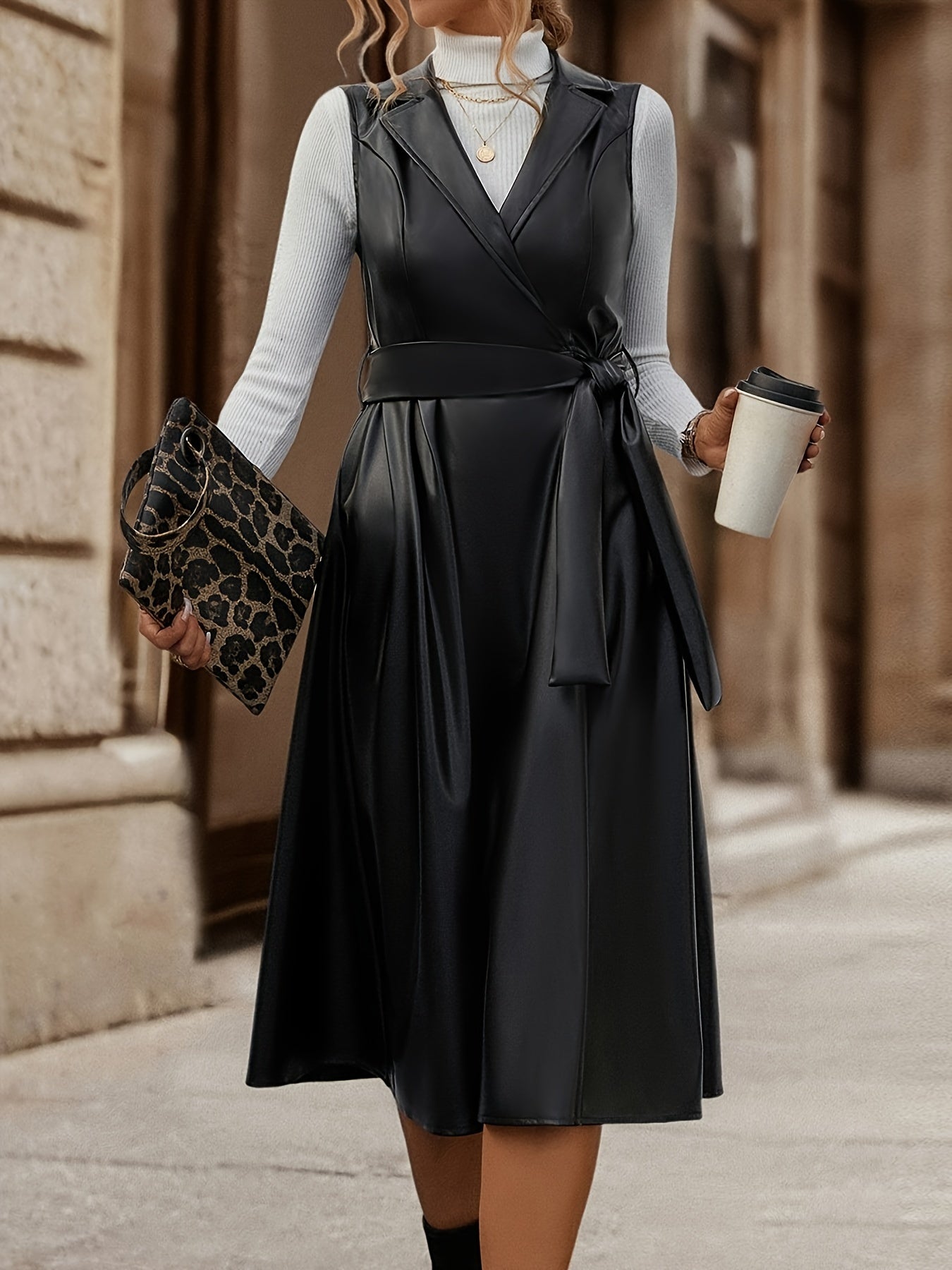 Antmvs Solid Lapel Belted Dress, Elegant Faux Leather Sleeveless Dress, Women's Clothing
