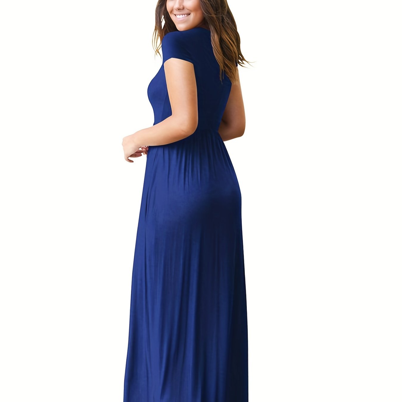 Antmvs Pleated Maxi Dress, Casual Crew Neck Short Sleeve Dress With Pockets, Women's Clothing