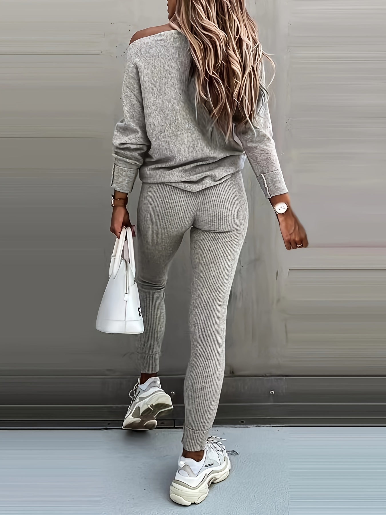 Antmvs Casual Solid Two-piece Set, Cold Shoulder Long Sleeve Top & Drawstring Ribbed Pants Outfits, Women's Clothing