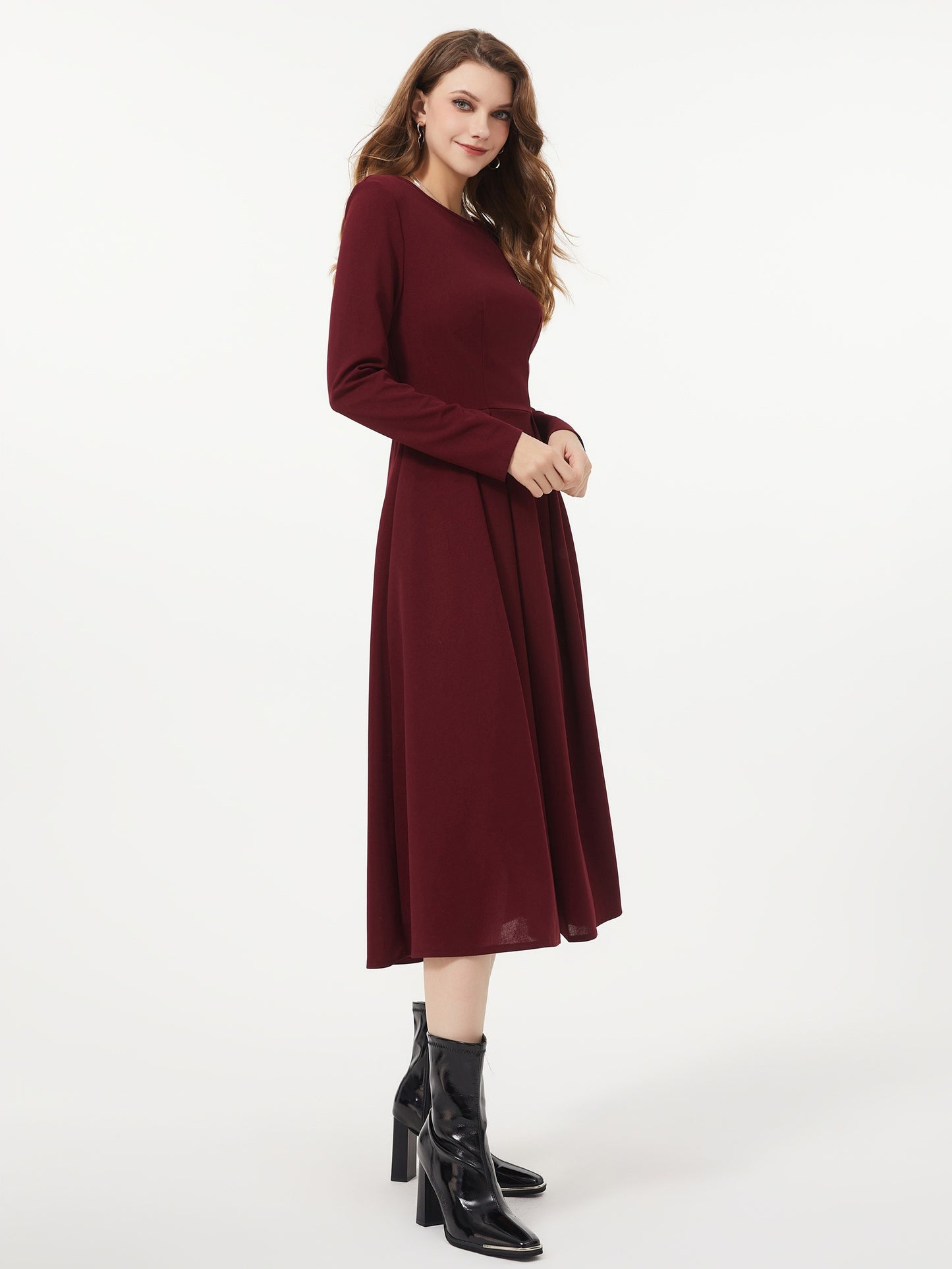 Antmvs Solid Color Crew Neck Dress, Elegant Long Sleeve Pleated Dress, Women's Clothing
