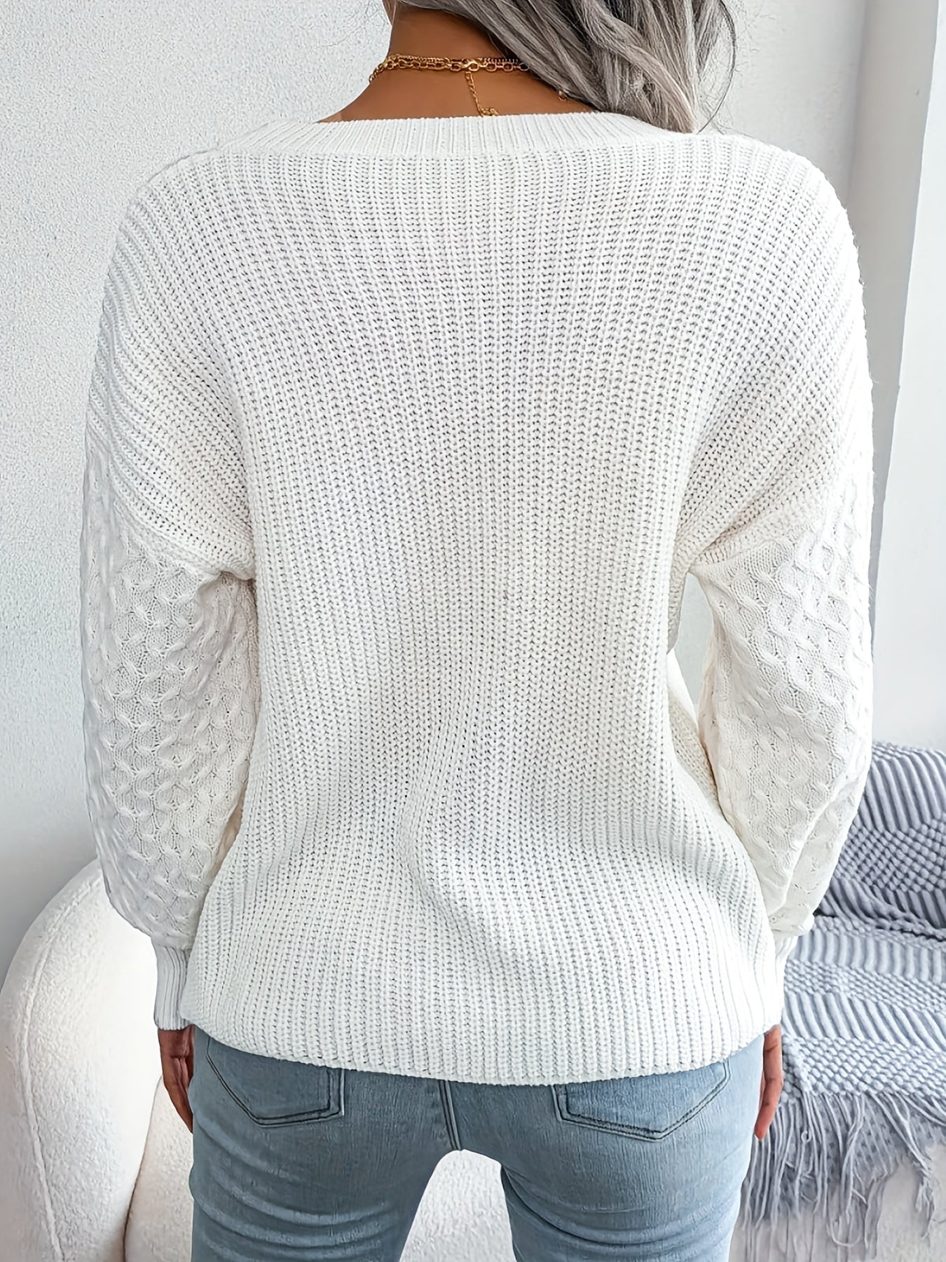 Antmvs Plus Size Casual Sweater, Women's Plus Solid Cable Lantern Sleeve Round Neck Medium Stretch Jumper