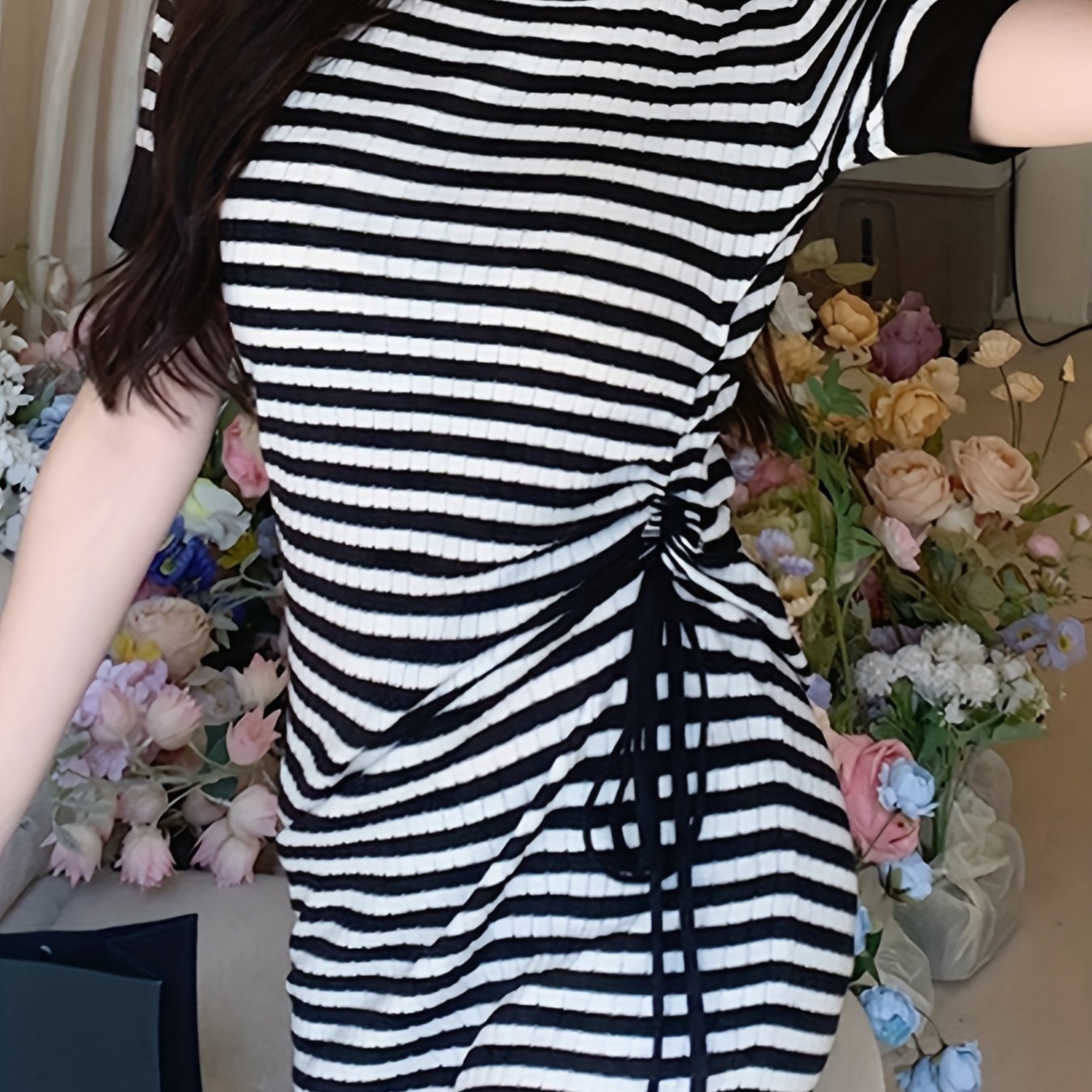 Antmvs Striped Bodycon Dress, Casual Cute Crew Neck Short Sleeve Bag Hip Drawstring Dress, Women's Clothing