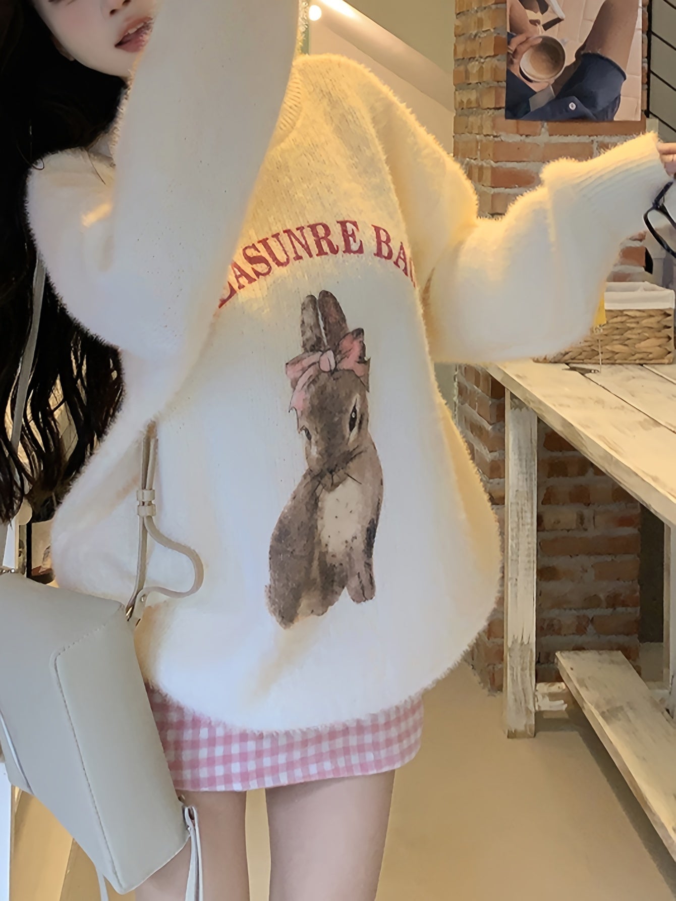 Antmvs Rabbit & Letter Pattern Knitted Sweater, Casual Crew Neck Long Sleeve Pullover Sweater For Fall & Winter, Women's Clothing