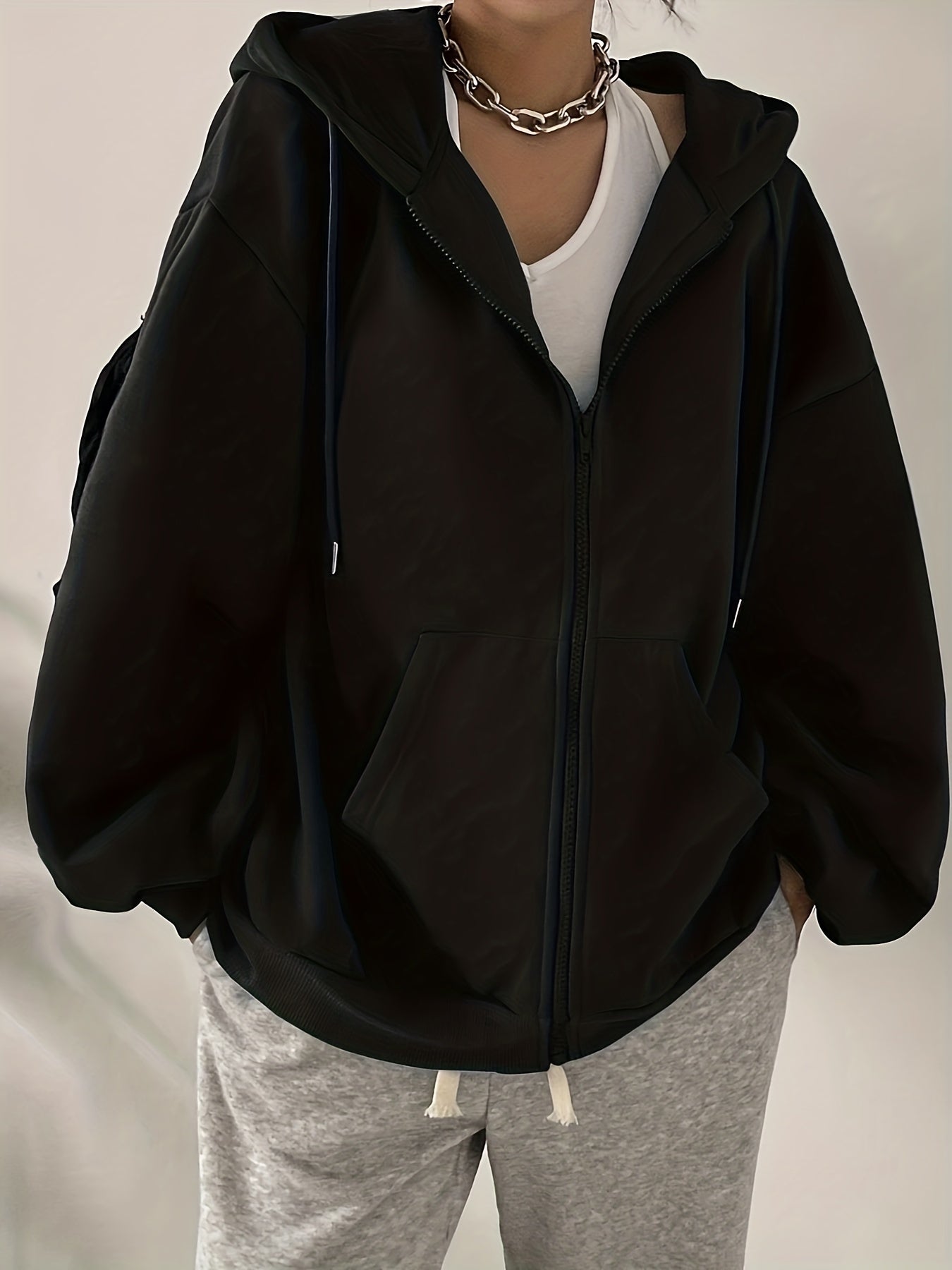 Antmvs Solid Zip Up Oversized Drawstring Hoodie, Casual Long Sleeve Pocket Hoodies Sweatshirt, Women's Clothing