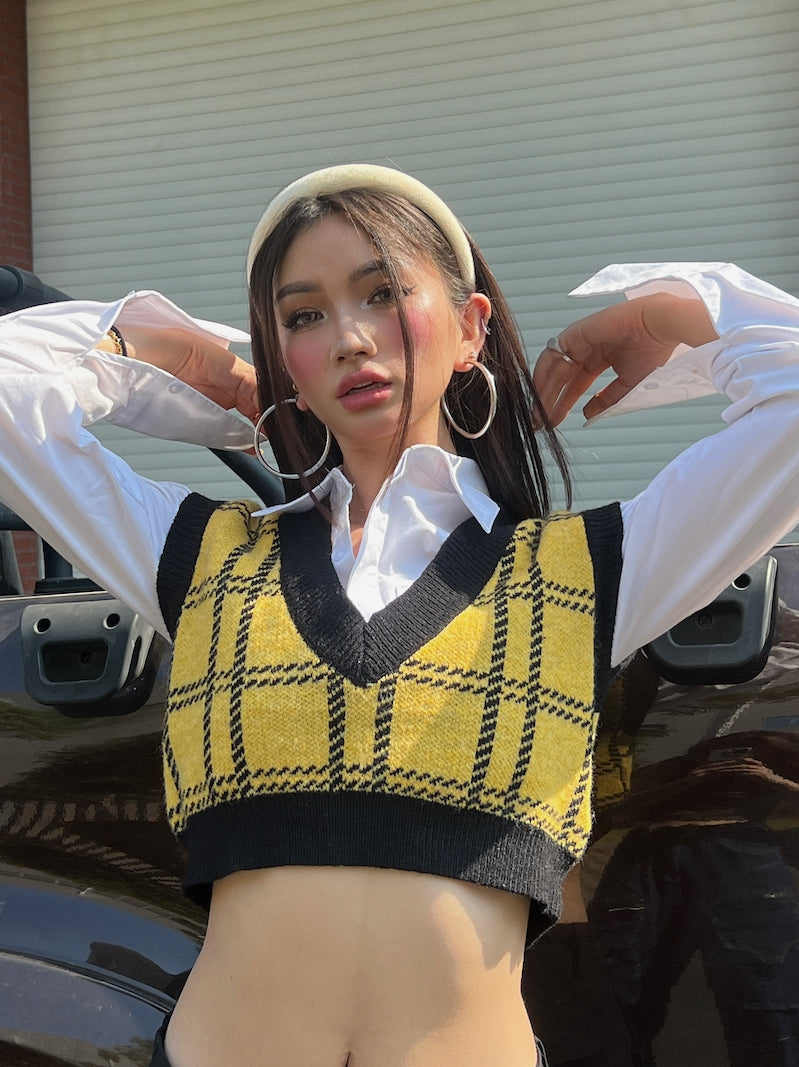 Antmvs Tory Yellow Vintage Knitted Plaid Sleeveless Cropped Sweater Top