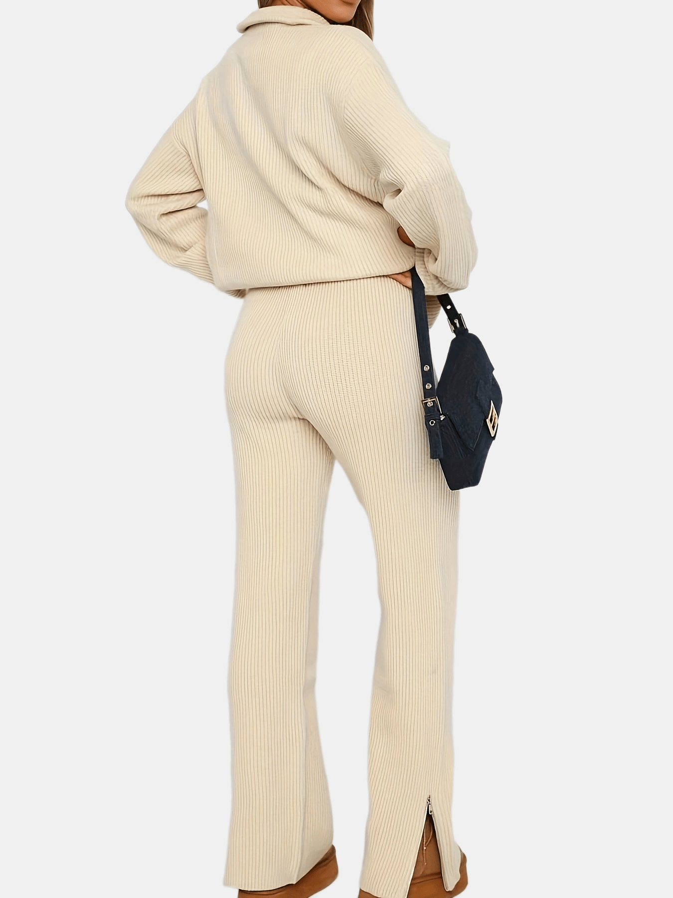 Antmvs Casual Solid Two-piece Set, Quarter Zip Long Sleeve Top & Split Hem Pants Outfits For Fall & Winter, Women's Clothing