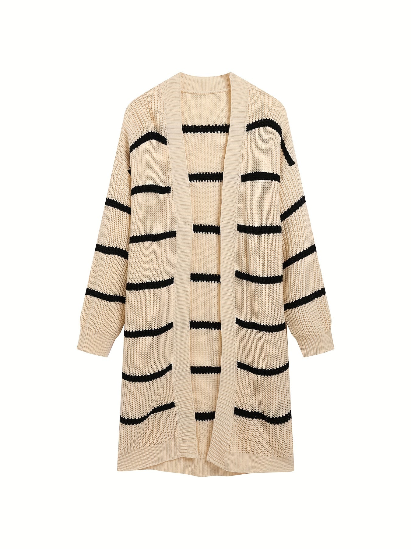 Antmvs Striped Open Front Drop Shoulder Knit Cardigan, Casual Long Sleeve Cardigan For Fall & Winter, Women's Clothing