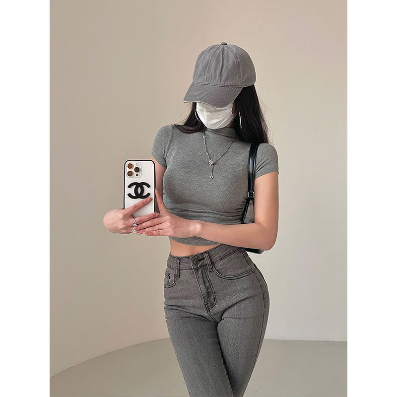 Antmvs Norma Solid Color Short Sleeve Turtleneck Slim Cropped Top