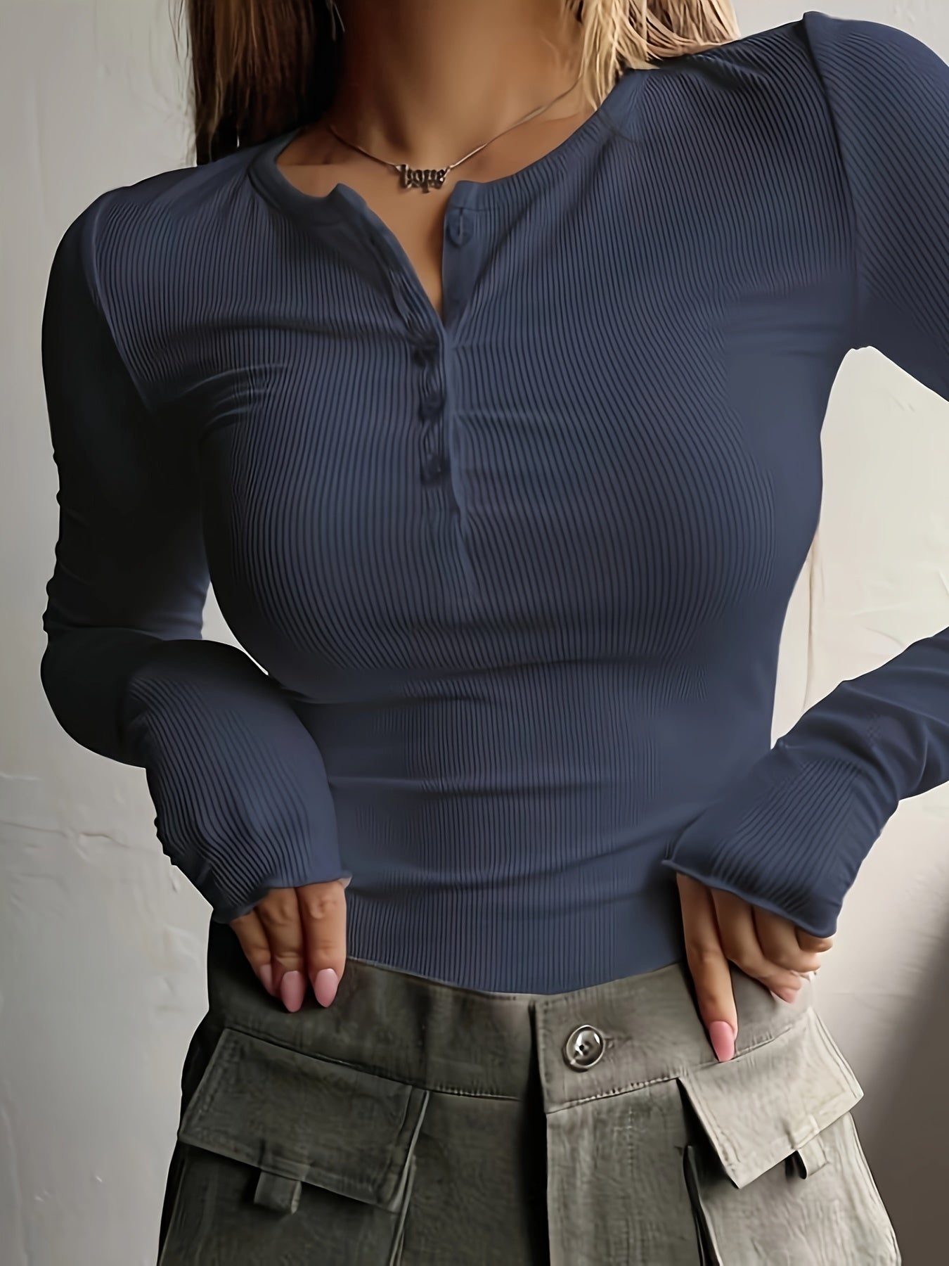 Antmvs Ribbed Button Front T-Shirt, Casual Long Sleeve Top For Spring & Fall, Women's Clothing