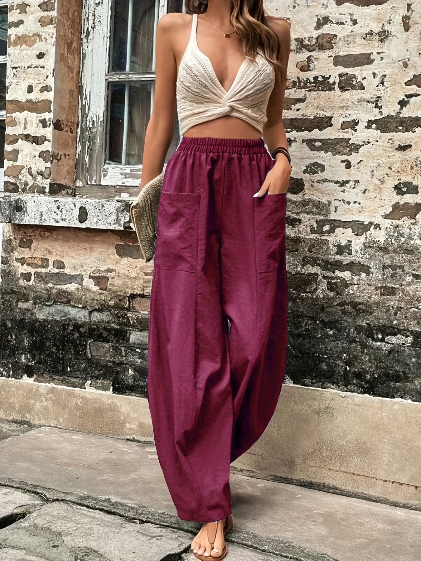 Antmvs Boho Solid Elastic Waist Harem Pants, Casual Long Length Baggy Pants With Pockets For Spring & Summer, Women's Clothing