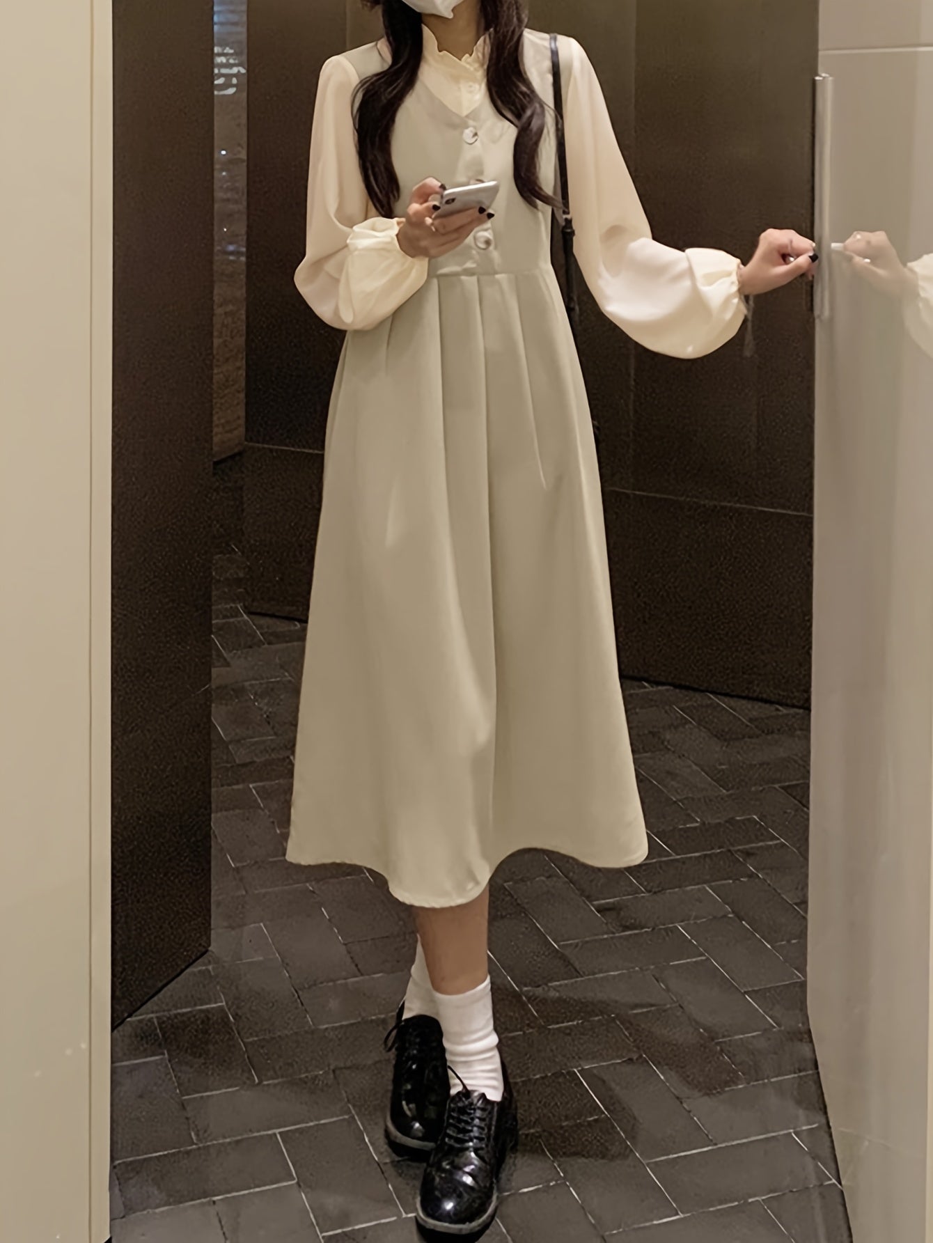 Antmvs Color Block Ruffle Trim Splicing Dress, Vintage Single Breasted Long Sleeve Dress For Spring & Fall, Women's Clothing
