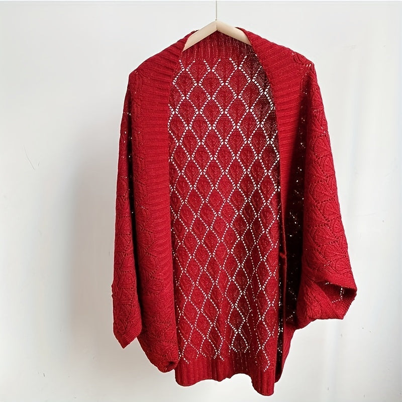 Antmvs Hollow Out Knitted Cardigan Solid Color Elegant Outwear Shawl Casual Outdoor Wrap For Women