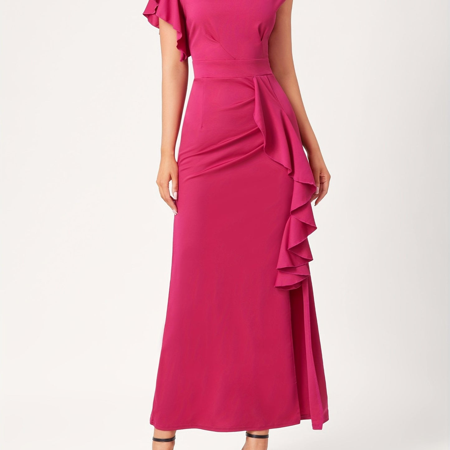 Antmvs Ruffle Trim Split Asymmetrical Dress, Elegant Solid Bodycon Party Dress, Women's Clothing
