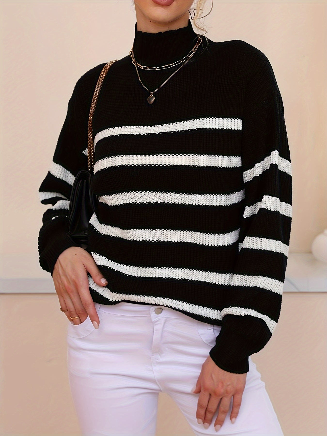 Antmvs Striped Turtle Neck Pullover Sweater, Casual Long Sleeve Sweater, Women's Clothing