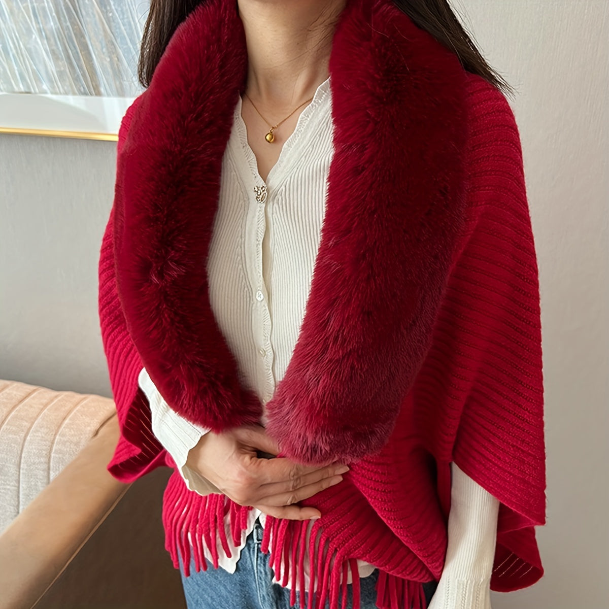 Antmvs Winter Faux Fur Collar Shawl Cape Solid Color Warm Shawl Coat Casual Loose Outer Wear Knit Shawl Wrap
