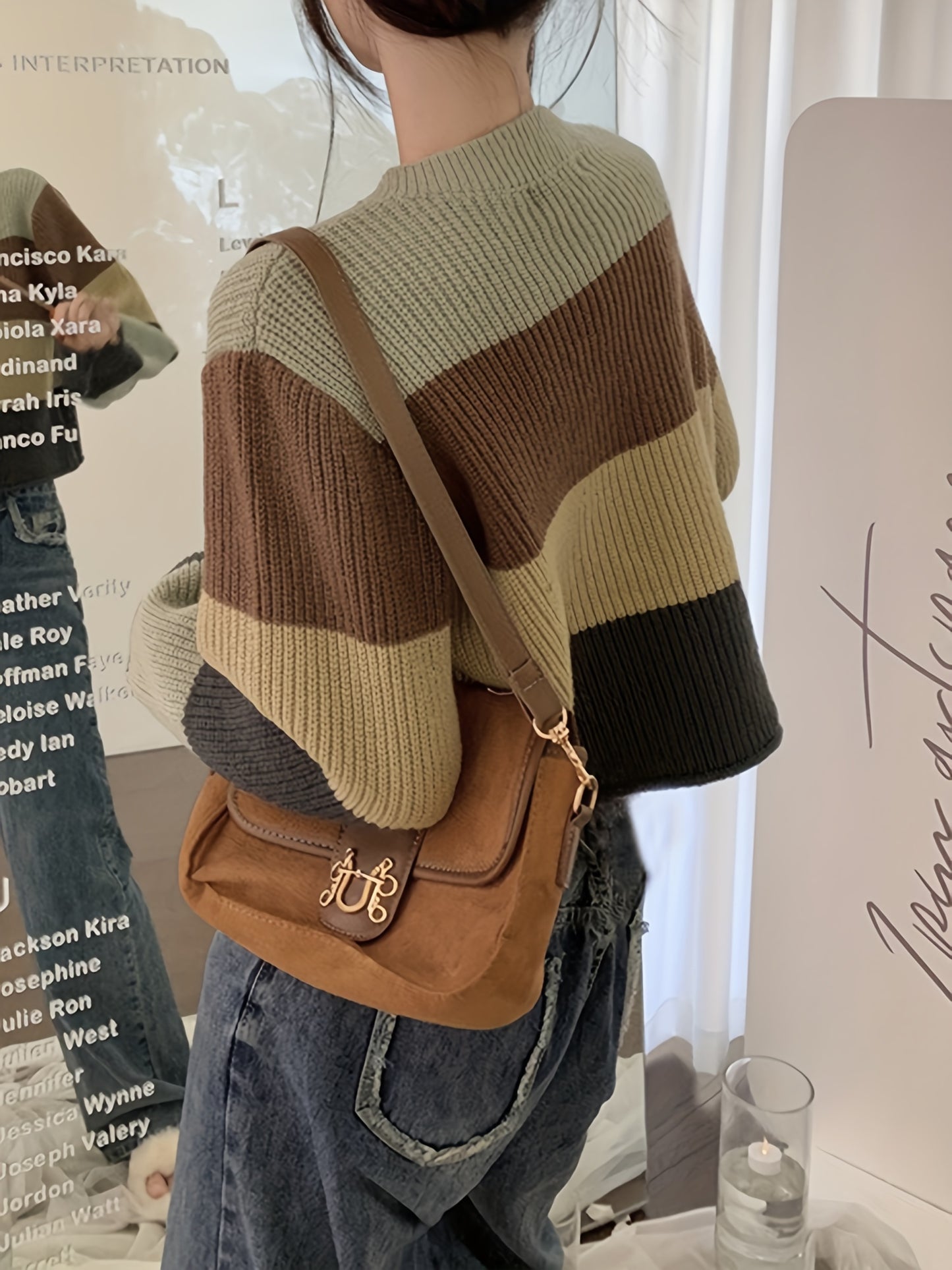 Antmvs Color Block Drawstring Knit Sweater, Casual Long Sleeve Loose Fashion Sweater, Women's Clothing