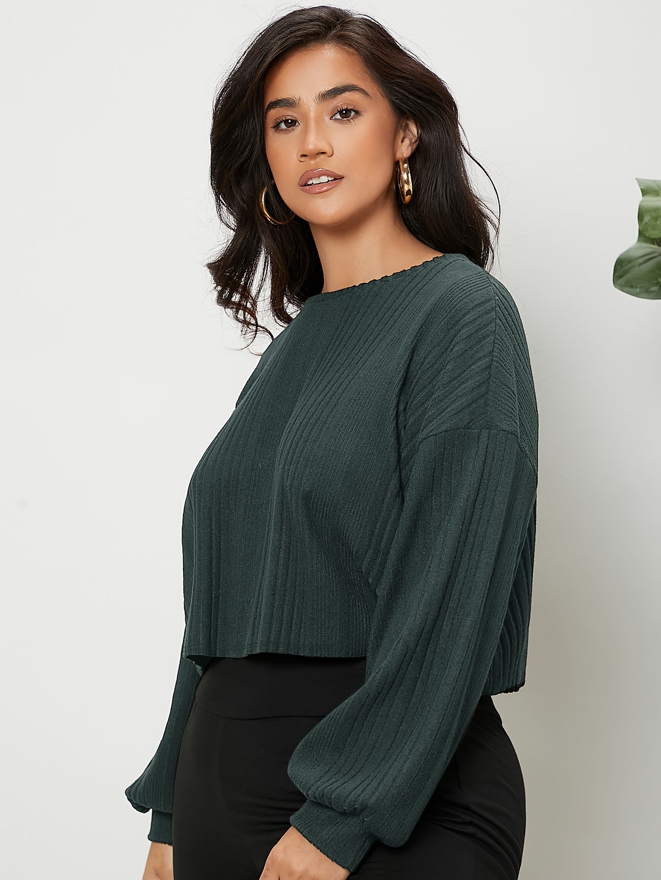 Antmvs Plus Size Trendy Knit Top, Women's Plus Solid Ribbed Drop Shoulder Lantern Sleeve Round Neck Medium Stretch Crop Knit Top