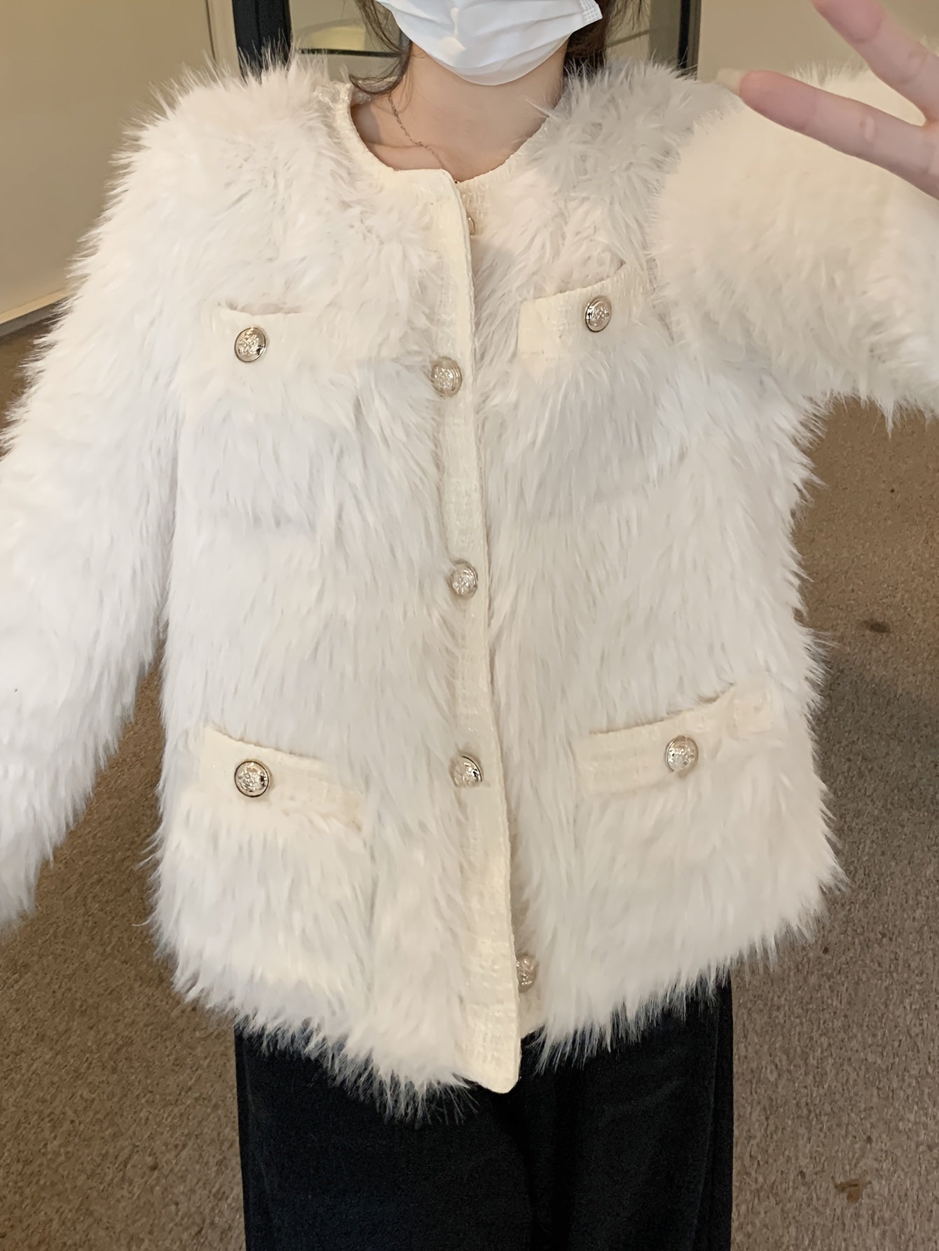 Antmvs Faux Fur Button Front Coat, Chic Thermal Long Sleeve Coat For Fall & Winter, Women's Clothing
