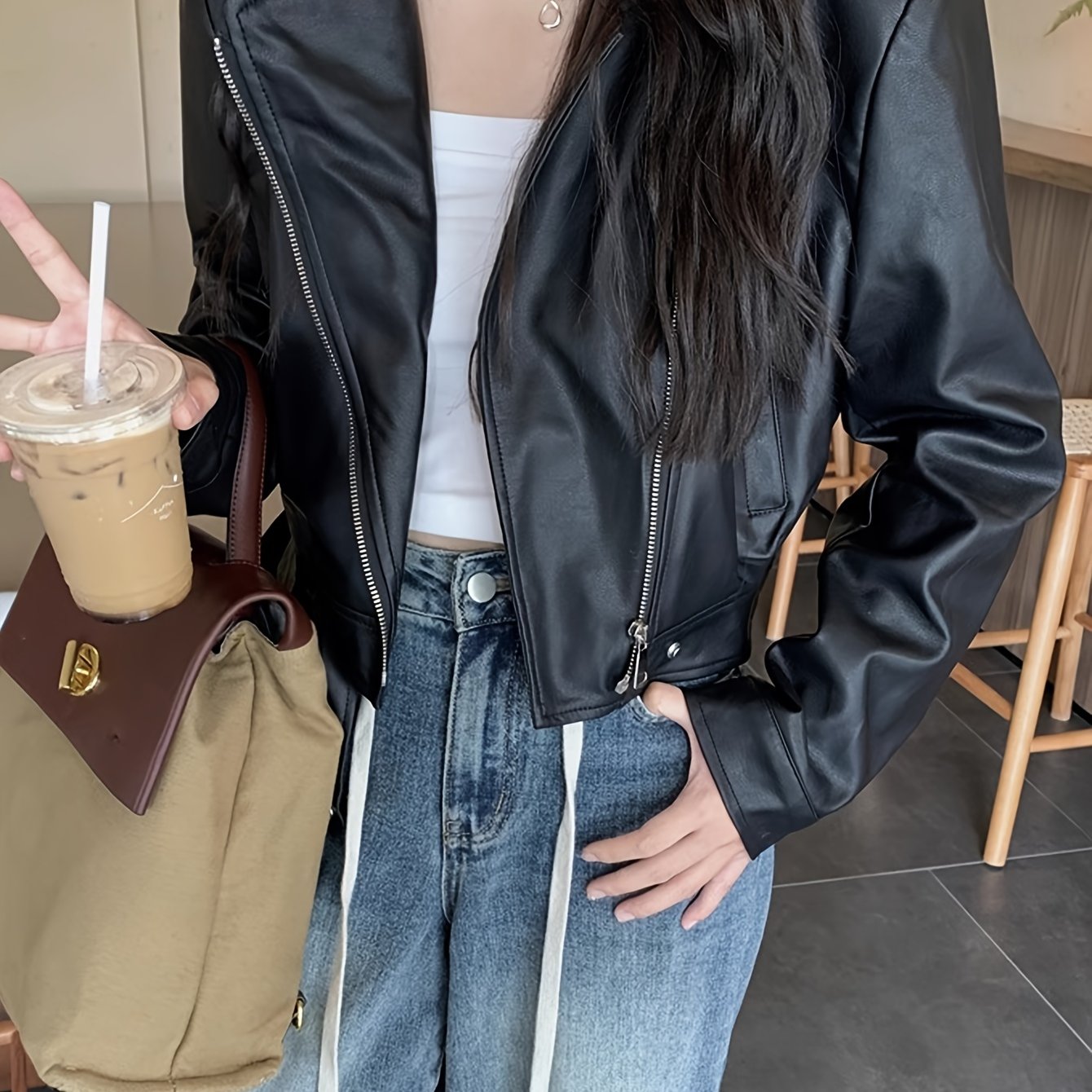 Antmvs Faux Leather Zip-up Jacket, Casual Long Sleeve Crop Biker Jacket For Fall & Winter, Women's Clothing
