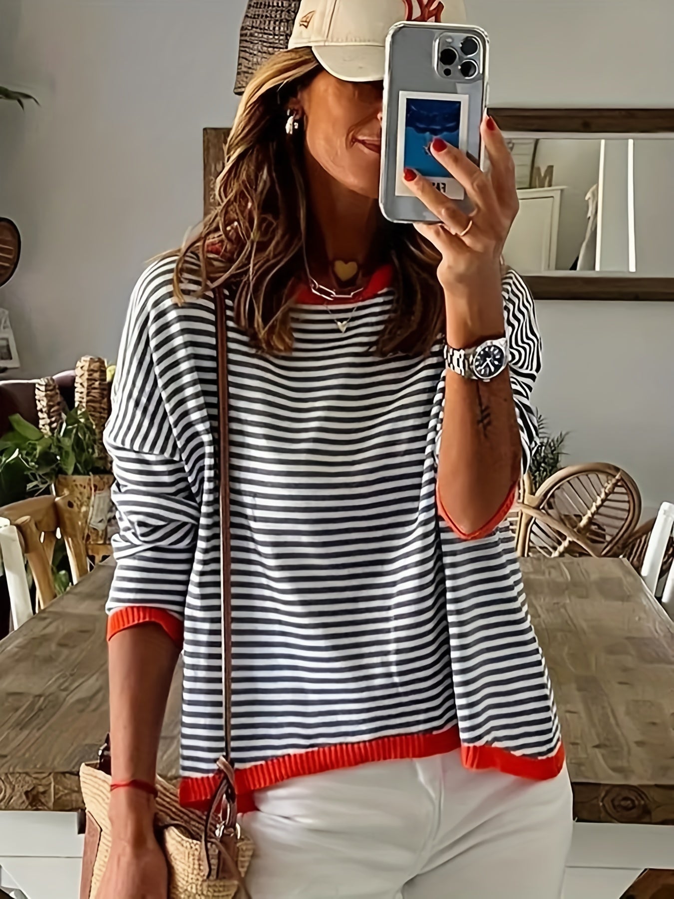 Antmvs Striped Print Crew Neck Knit Sweater, Casual Long Sleeve Versatile Sweater, Women's Clothing