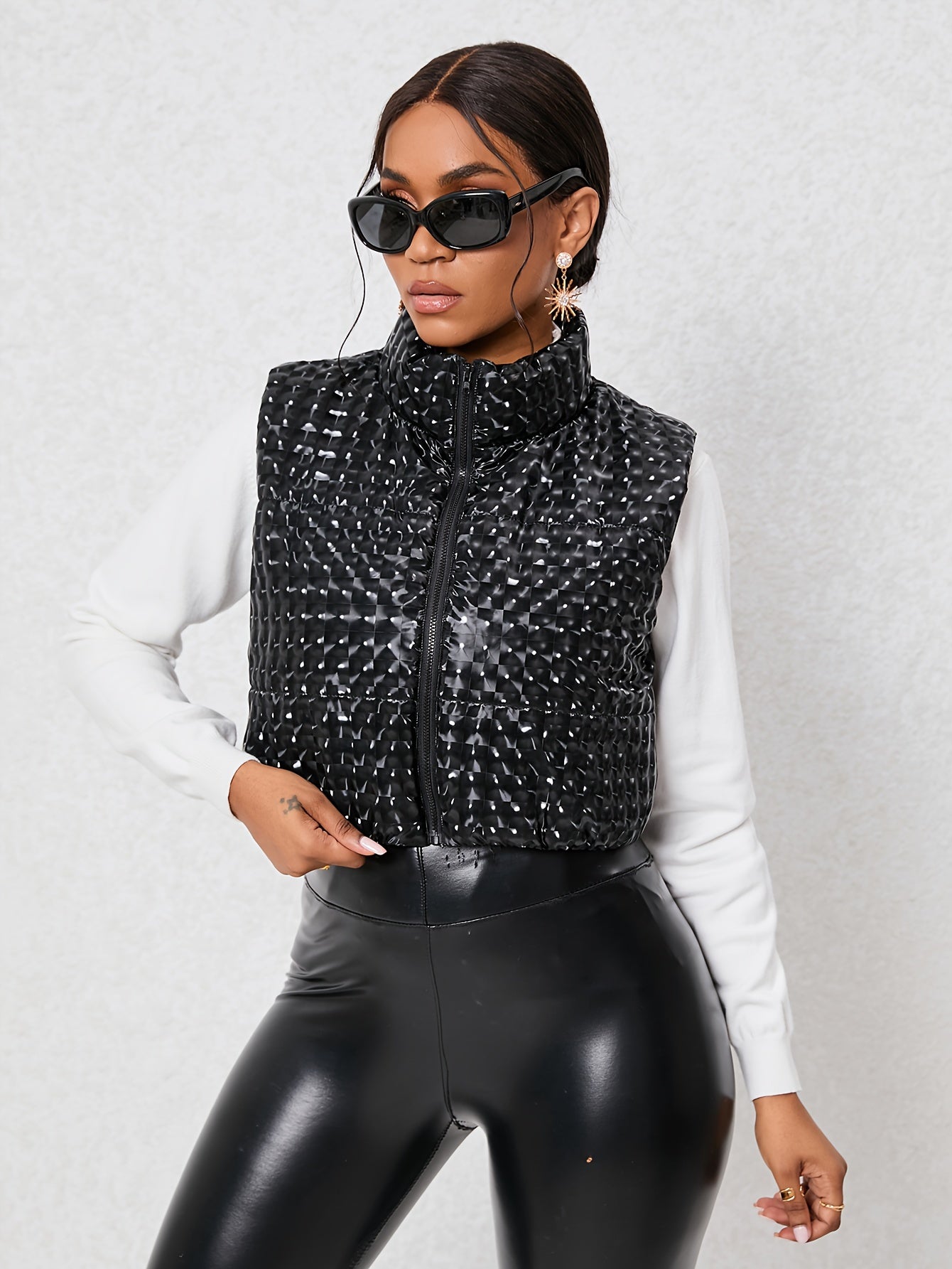 Antmvs Solid Zip Up Cotton-padded Coat, Elegant Sleeveless Outwear For Winter, Women's Clothing