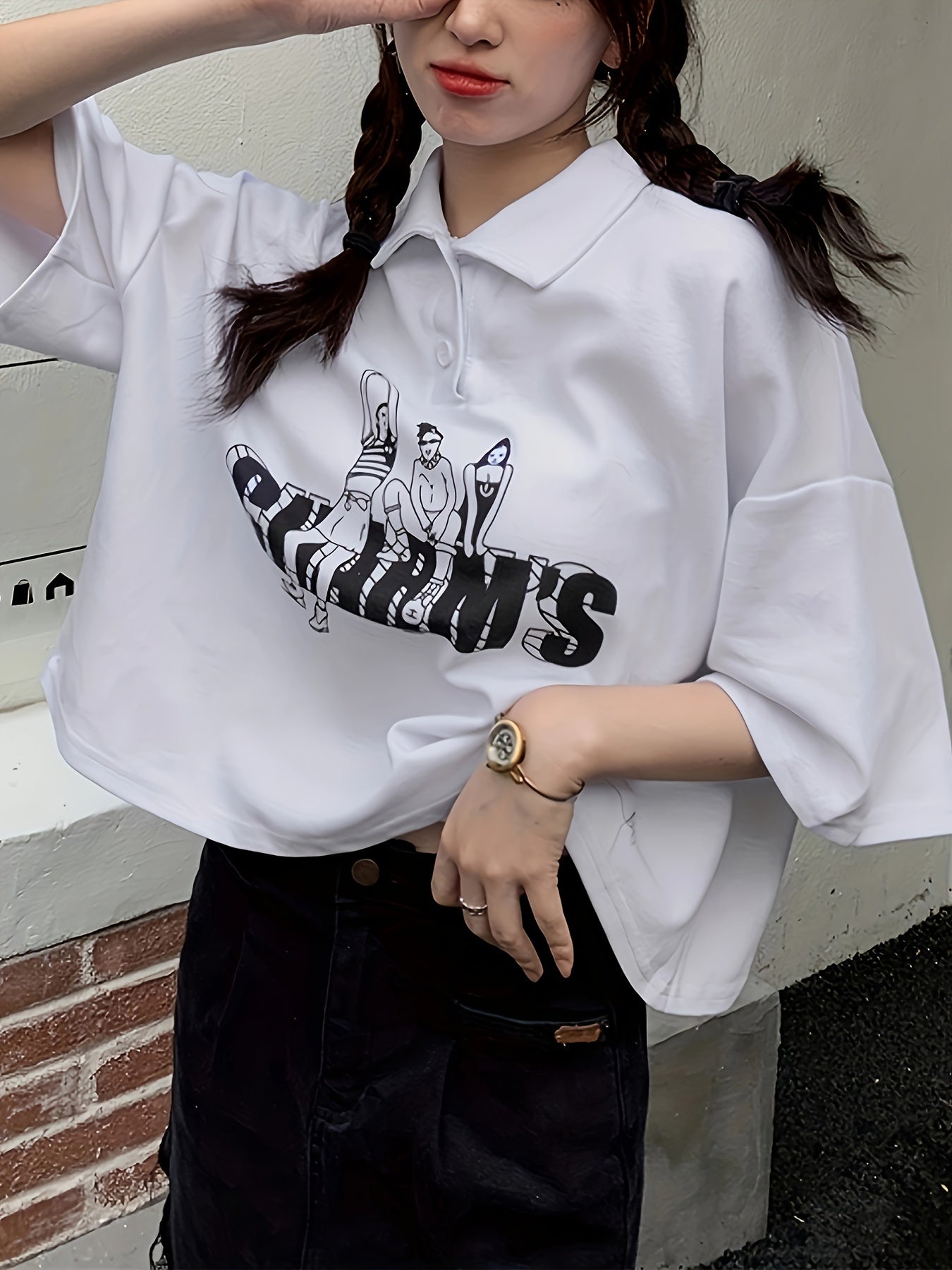 Antmvs Figure & Letter Print Button Front T-Shirt, Casual Short Sleeve Lapel T-Shirt For Spring & Summer, Women's Clothing