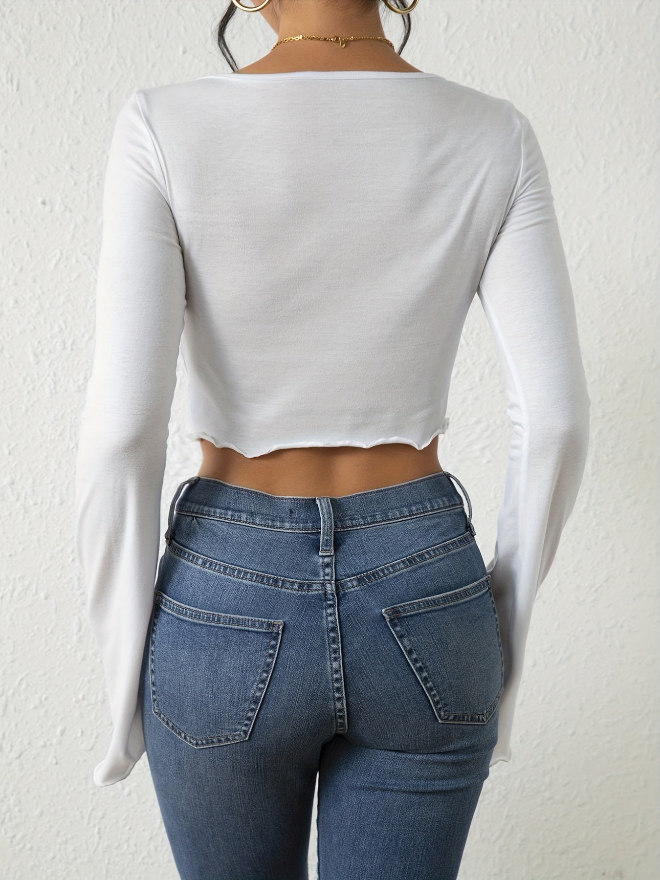 Antmvs Lettuce Trim Twist T-shirt, Sexy Solid Flared Long Sleeve Slim T-shirt, Women's Clothing