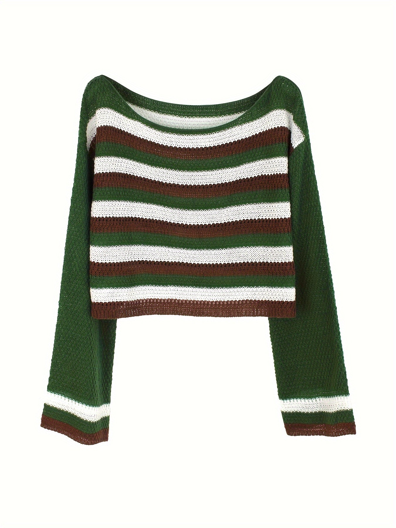 Antmvs Striped Hollow Out Knitted Coverup, Casual Long Sleeve Beach Crop Top For Spring & Summer, Women's Clothing