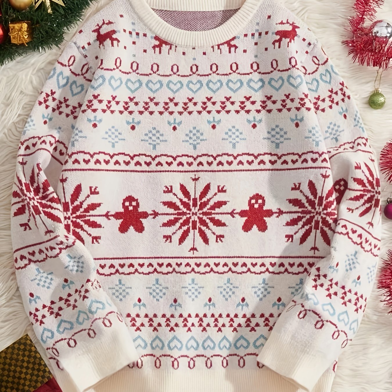 Antmvs Christmas Snowflake Pattern Knitted Pullover Sweater, Casual Long Sleeve Sweater For Fall & Winter, Women's Clothing