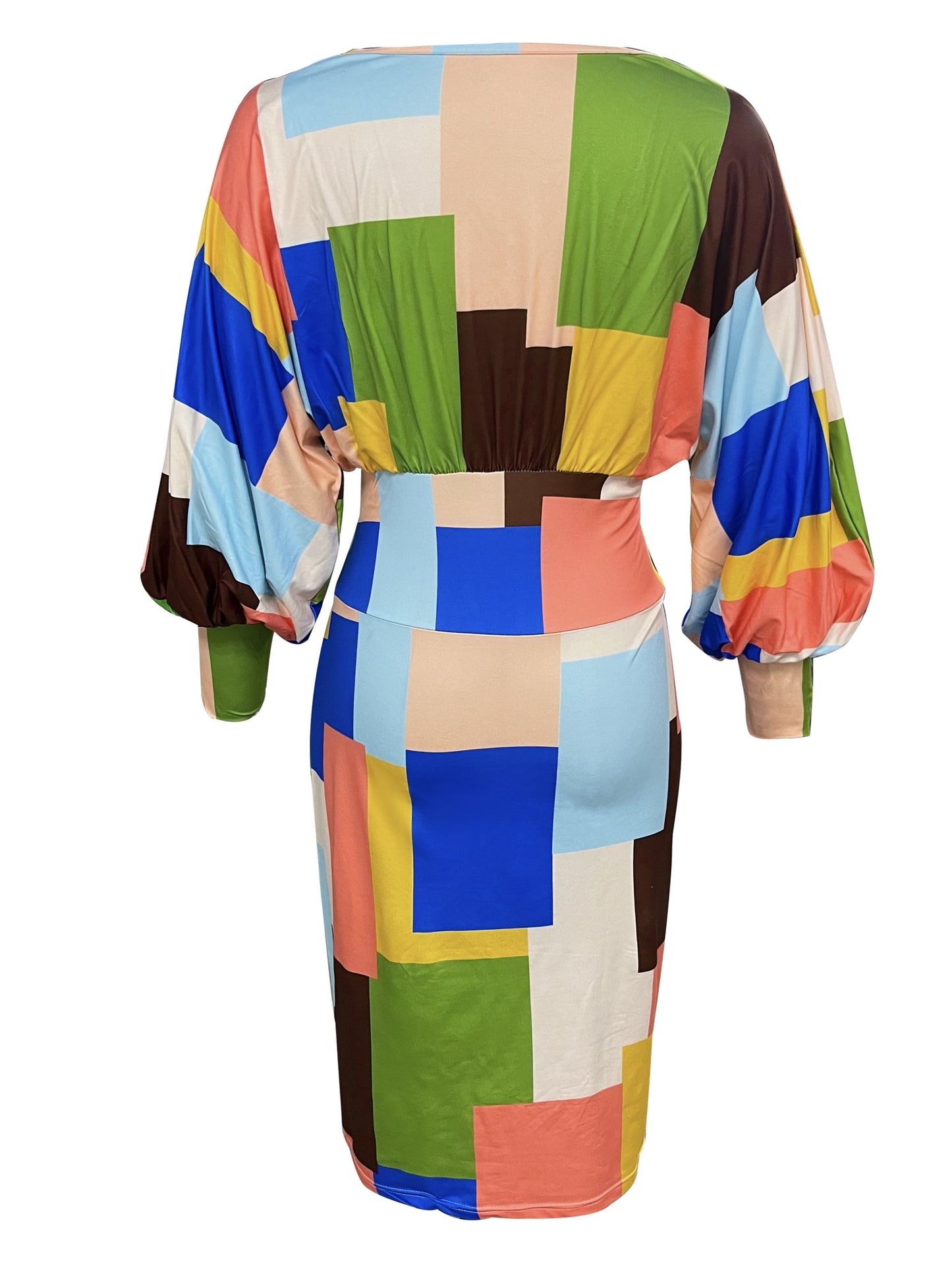 Antmvs Colorful Patchwork Print Dress, Casual Criss Cross V Neck Lantern Sleeve Dress, Women's Clothing