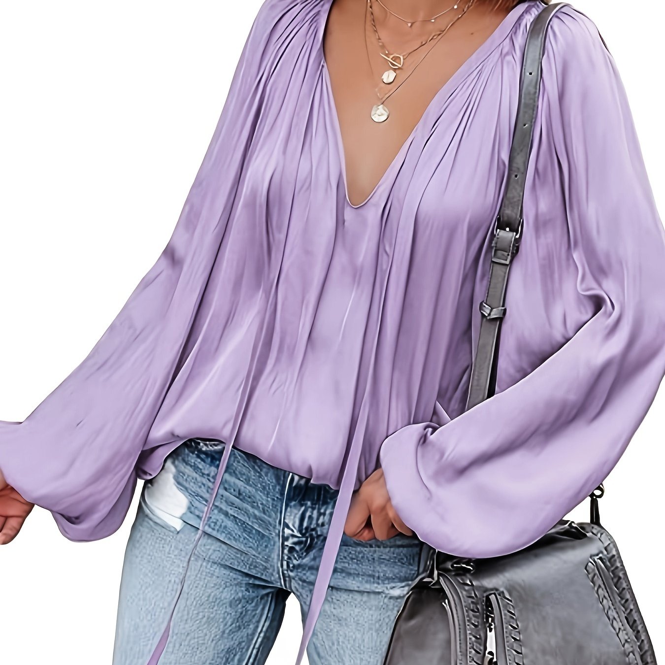 Antmvs Lantern Long Sleeve Satin Blouse, Elegant V Neck Tops For Spring & Summer, Women's Clothing